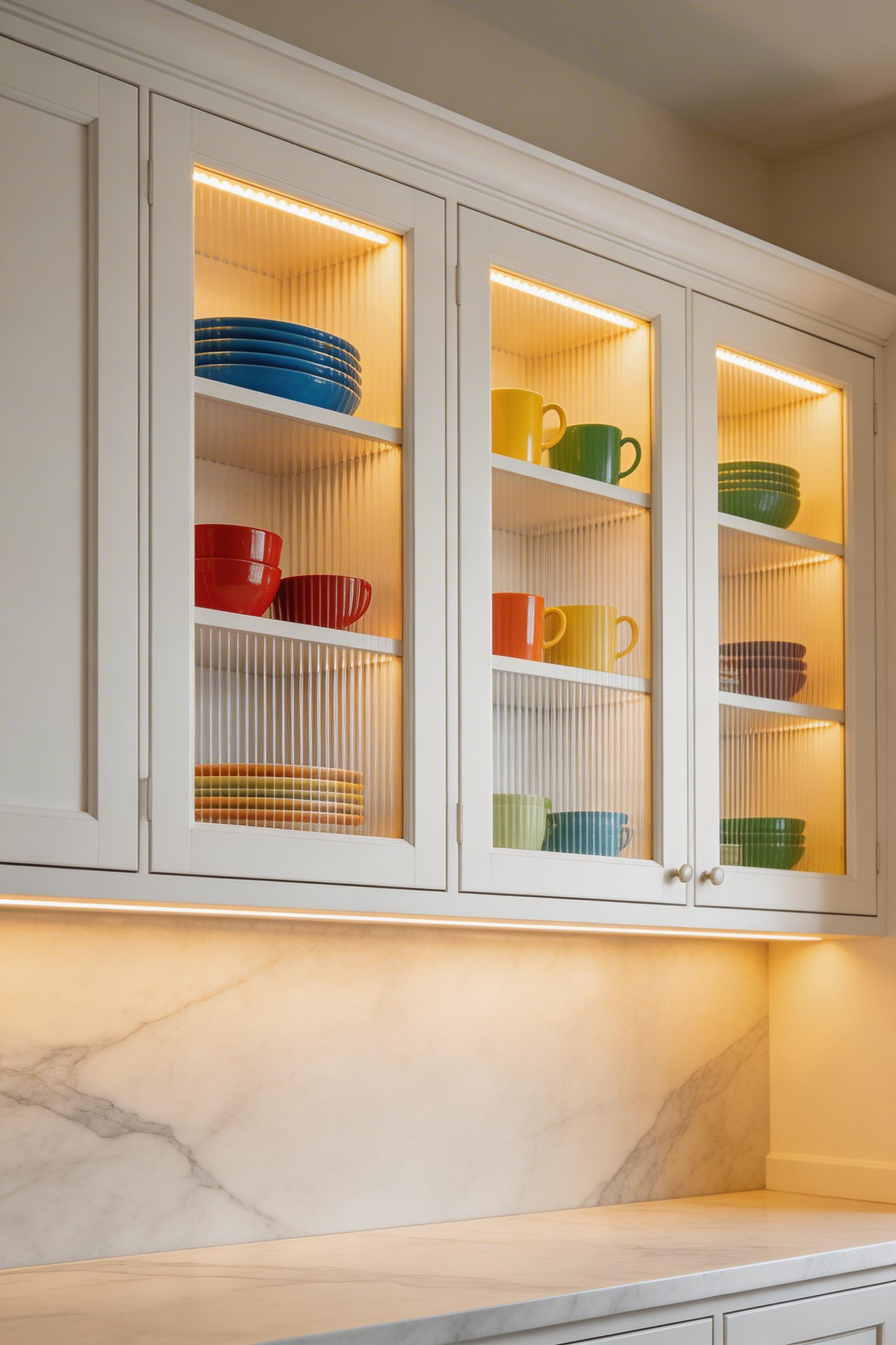 Reeded glass inserts in upper kitchen cabinets create softly diffused light and display curated dishware as a design element.
