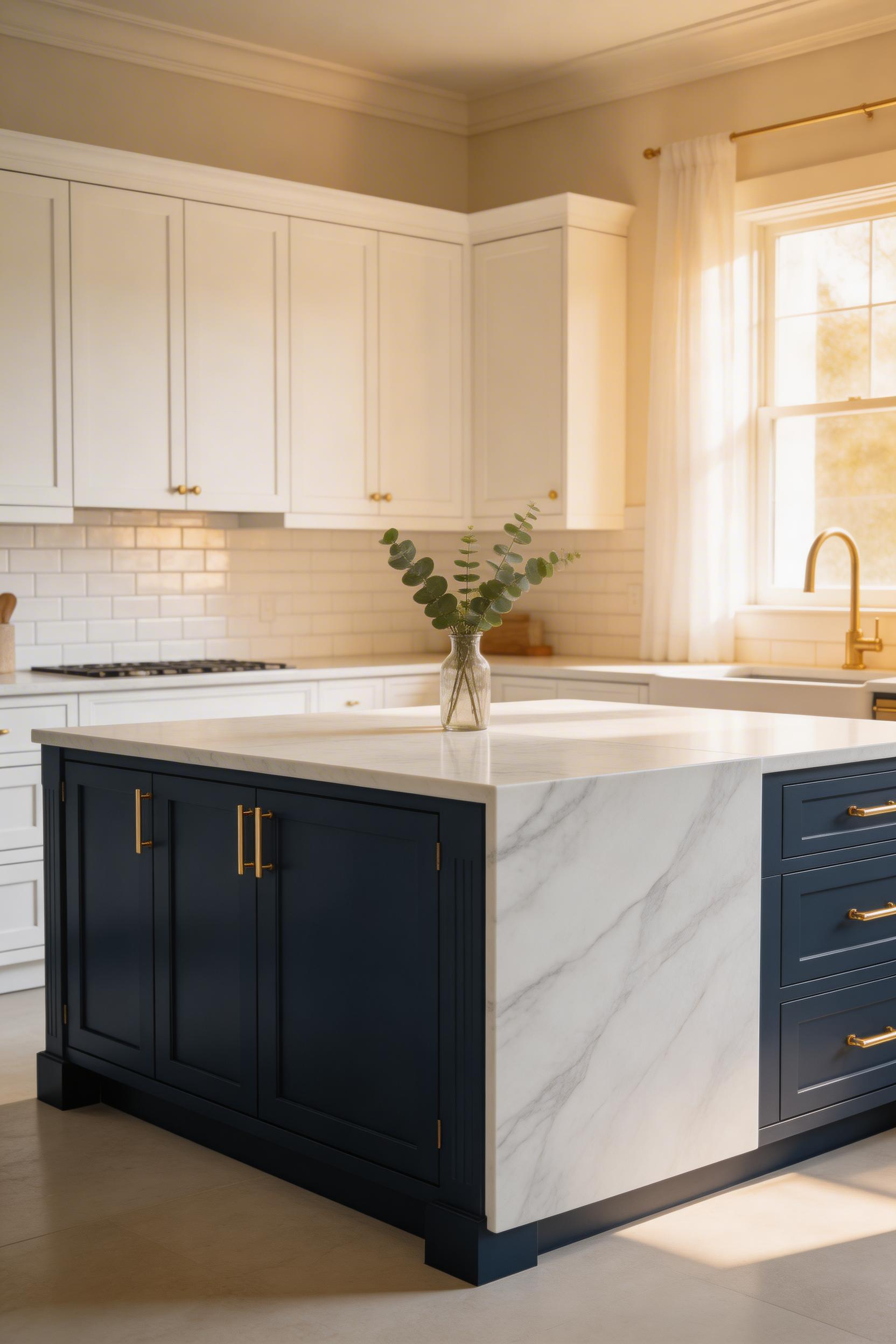 Contrasting kitchen island cabinetry in navy against white perimeter cabinets — a kitchen cabinet design approach that anchors the room without closing it in.