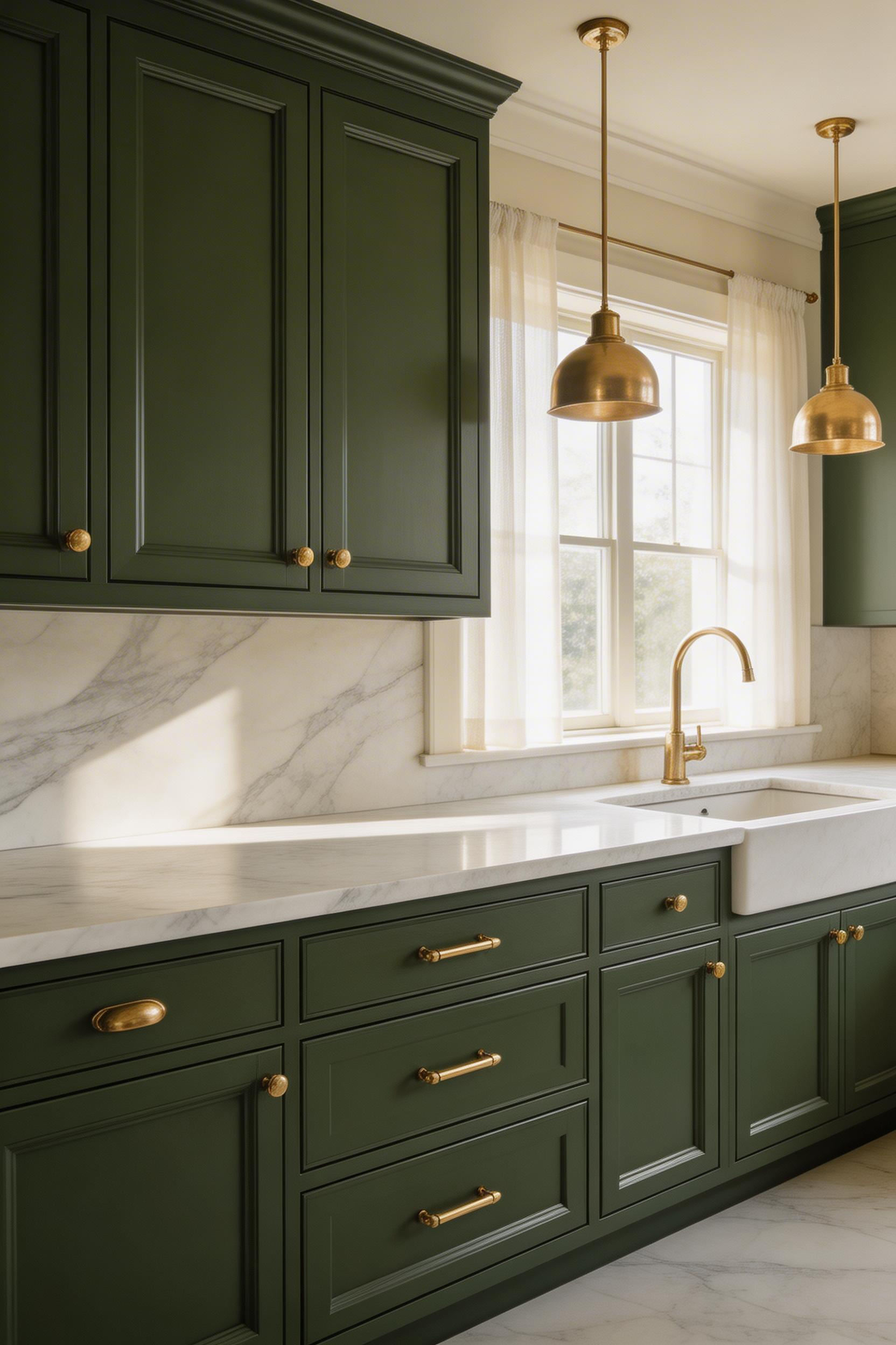 Dark green kitchen cabinet design balanced with white marble countertops and brass hardware — the light countertop prevents the dark lower cabinets from closing in.