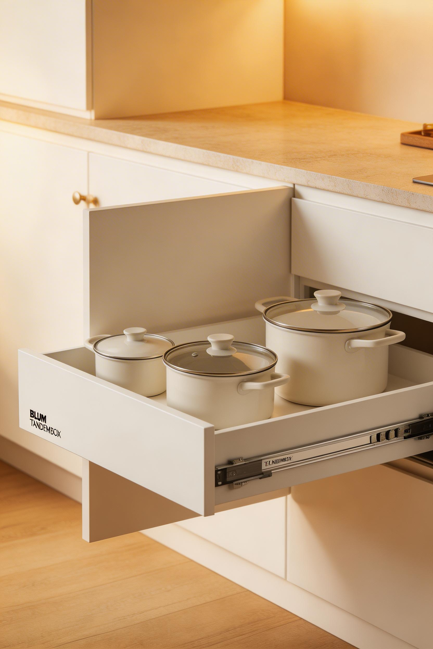 Full-extension pull-out drawers inside a base cabinet — one of the most impactful interior upgrades in kitchen cabinet design for improving day-to-day function.