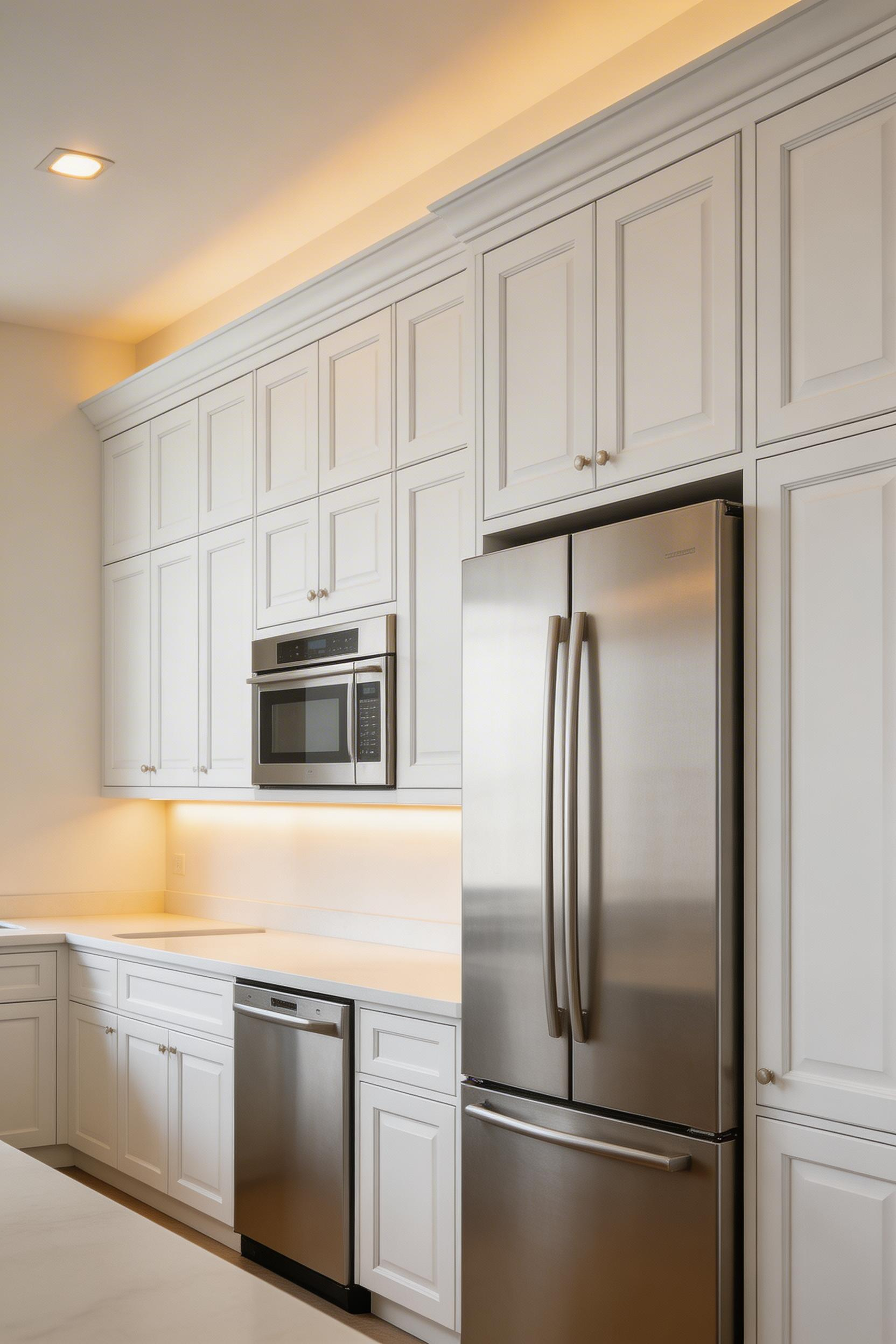 Floor-to-ceiling kitchen cabinet design creates an architectural wall of storage that reads as built-in furniture rather than fitted appliances.