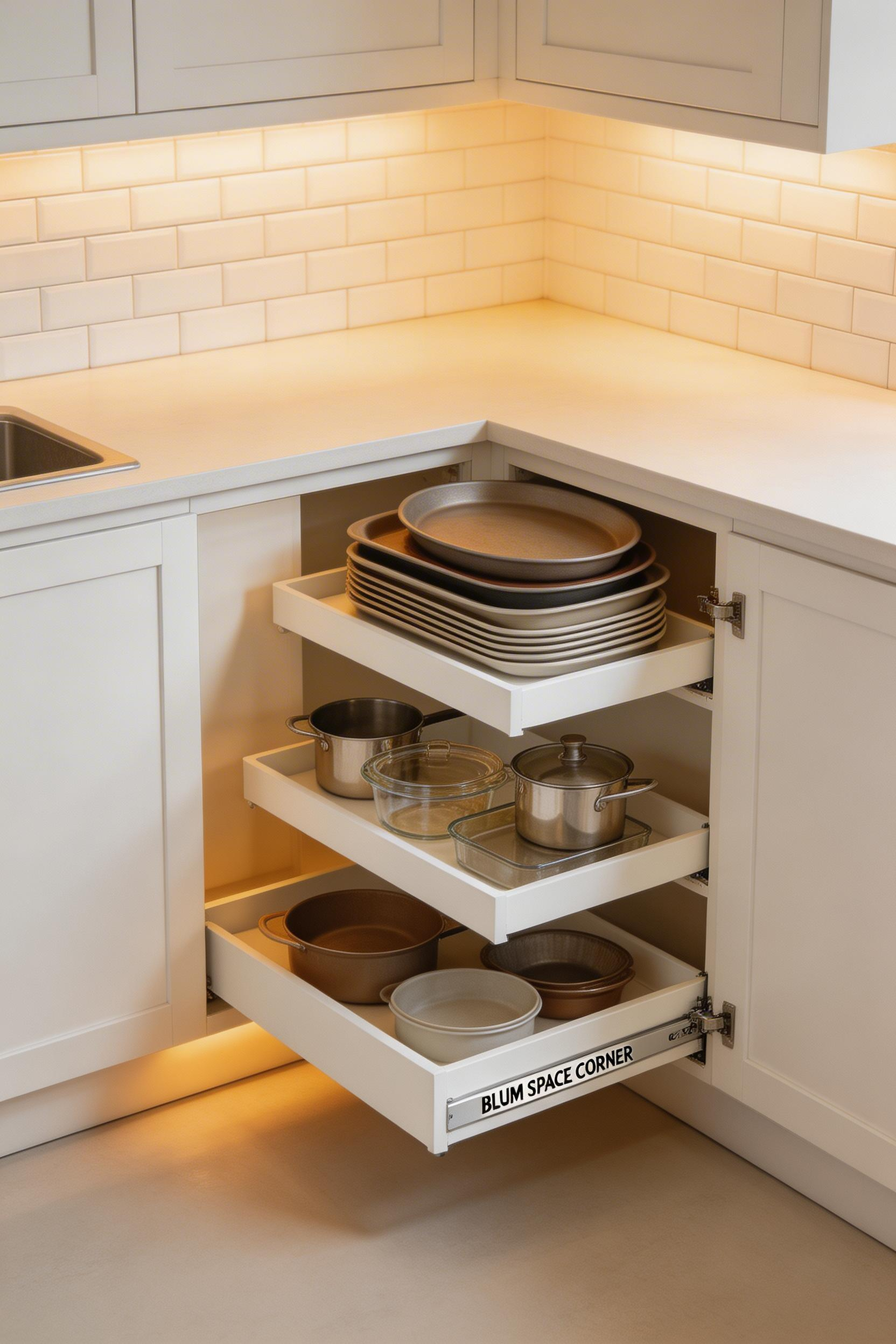 A pull-out corner cabinet system brings every item in the corner forward — eliminating the lost-storage problem that affects most kitchen cabinet designs.