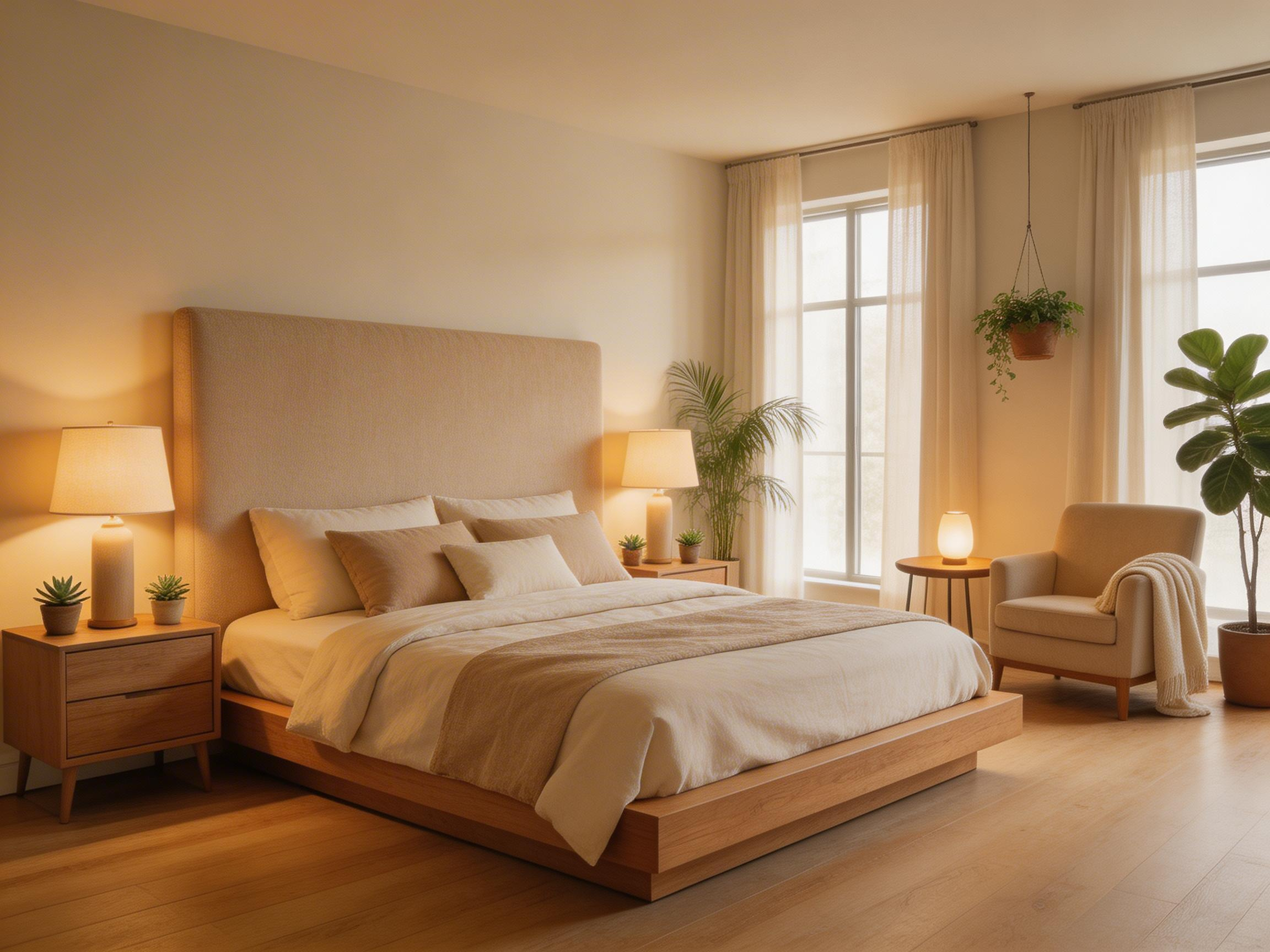 A complete bedroom design inspiration showcase — platform bed, layered lighting, natural materials, and purposeful zones that support both aesthetics and genuine rest.