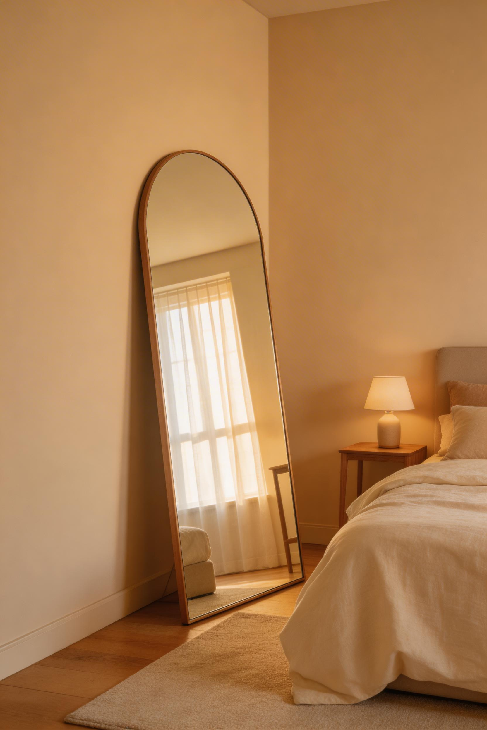 A well-placed mirror transforms light and space — straightforward but often underused bedroom design inspiration that costs less than most furniture pieces.