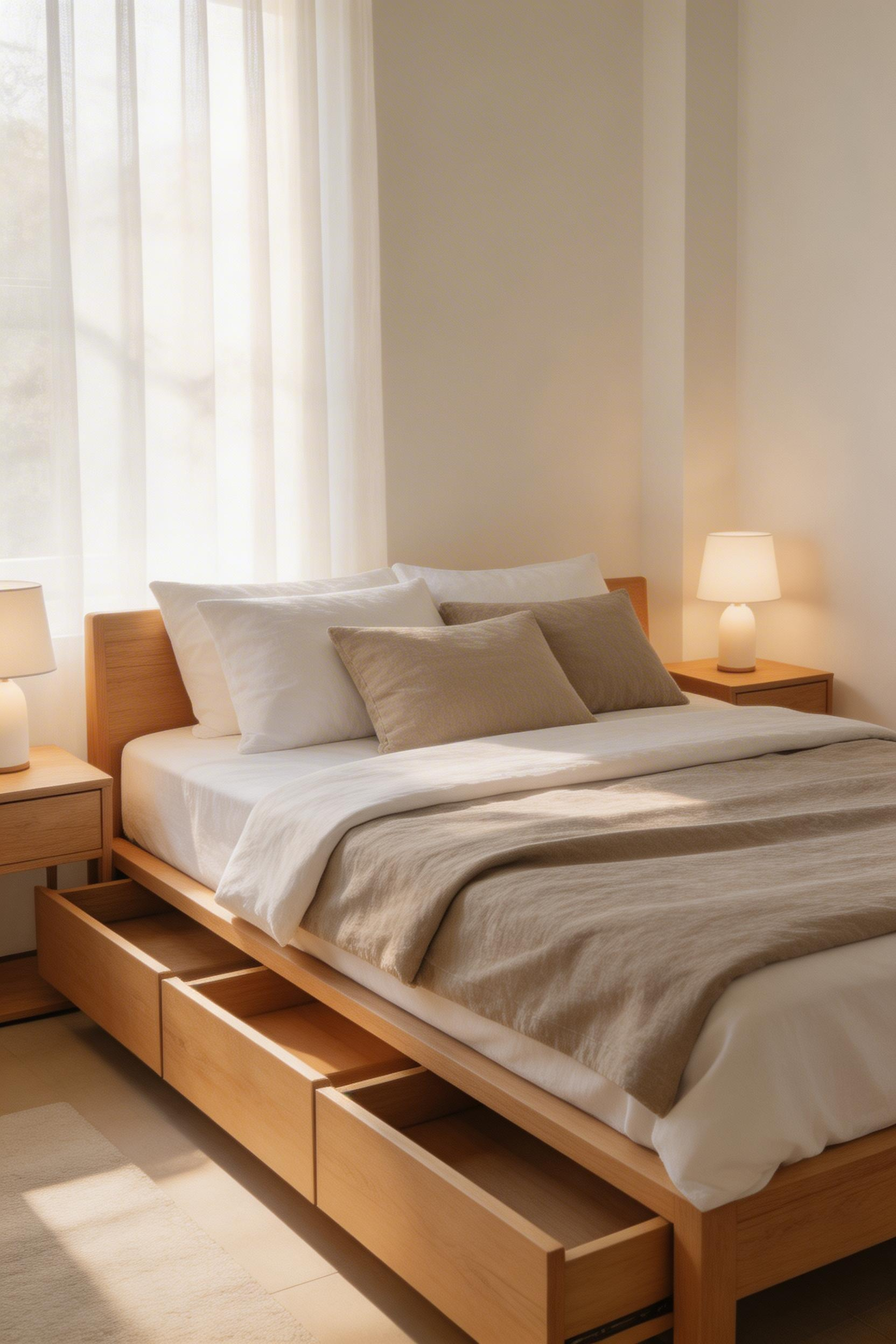 A platform bed with under-bed drawer storage — essential bedroom design inspiration for rooms where floor space and visual calm are both priorities.