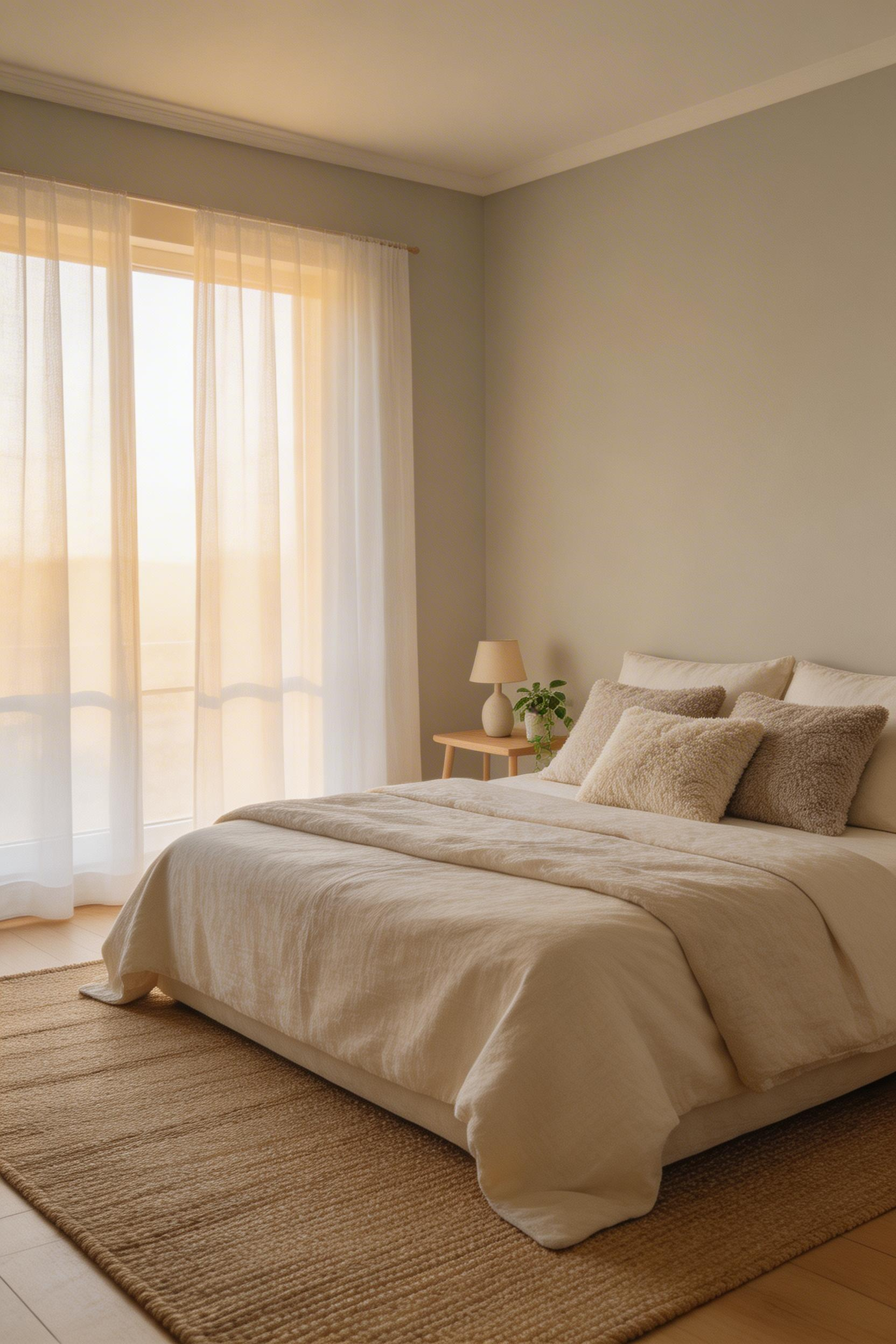 Layered neutral textures in bedroom design inspiration — linen, boucle, and natural jute create visual richness without demanding the eye's attention before sleep.