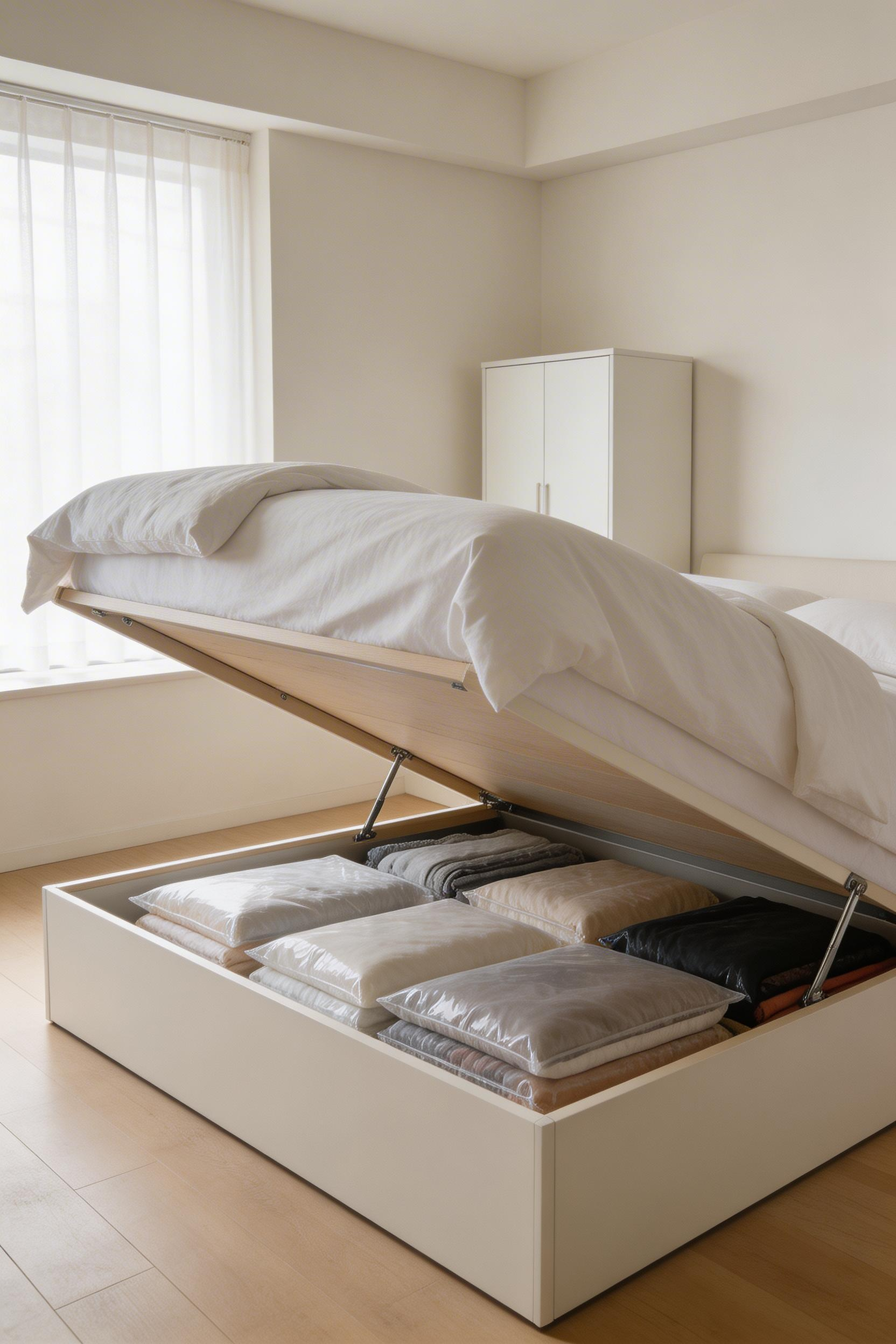 An under-bed storage-first layout in a small bedroom treats the bed base as the primary storage unit, often eliminating the need for a separate chest of drawers entirely.