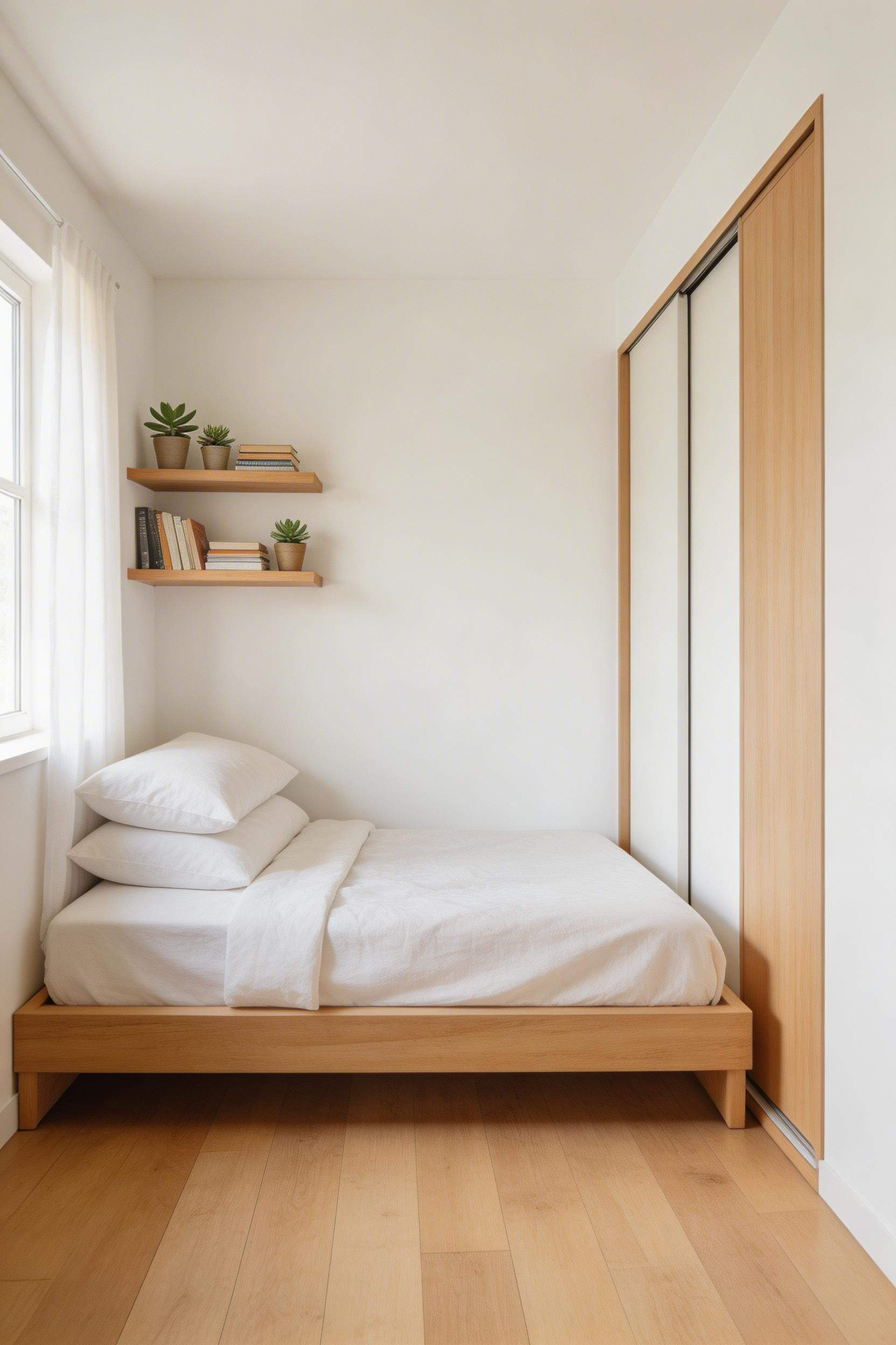Tucking a bed into a corner of a small bedroom uses two walls as natural boundaries, freeing the opposite floor area for wardrobes, a desk, or a small seating zone.