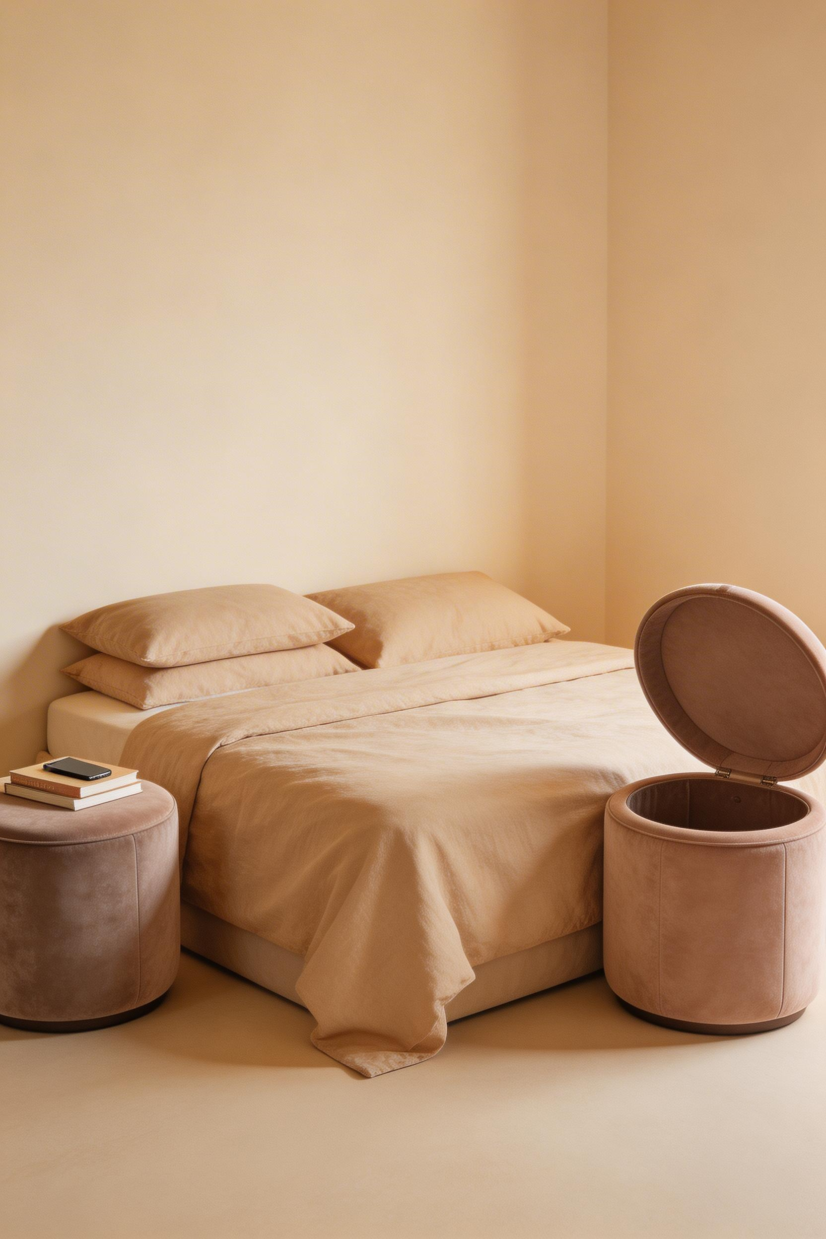 Movable storage ottomans used as bedside tables in a small bedroom provide surface space, interior storage, and seating in one piece, and can be repositioned instantly as the room's needs change.