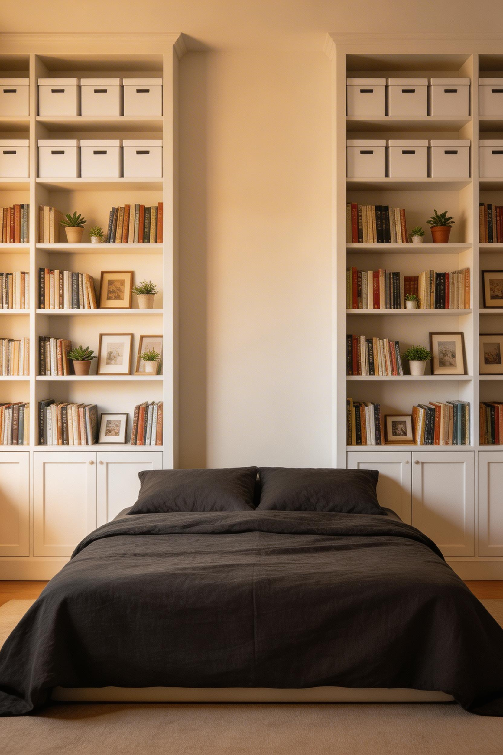 Floor-to-ceiling shelving in a small bedroom uses the dead vertical zone above standard storage height, drawing the eye upward and providing substantially more storage without occupying additional floor area.