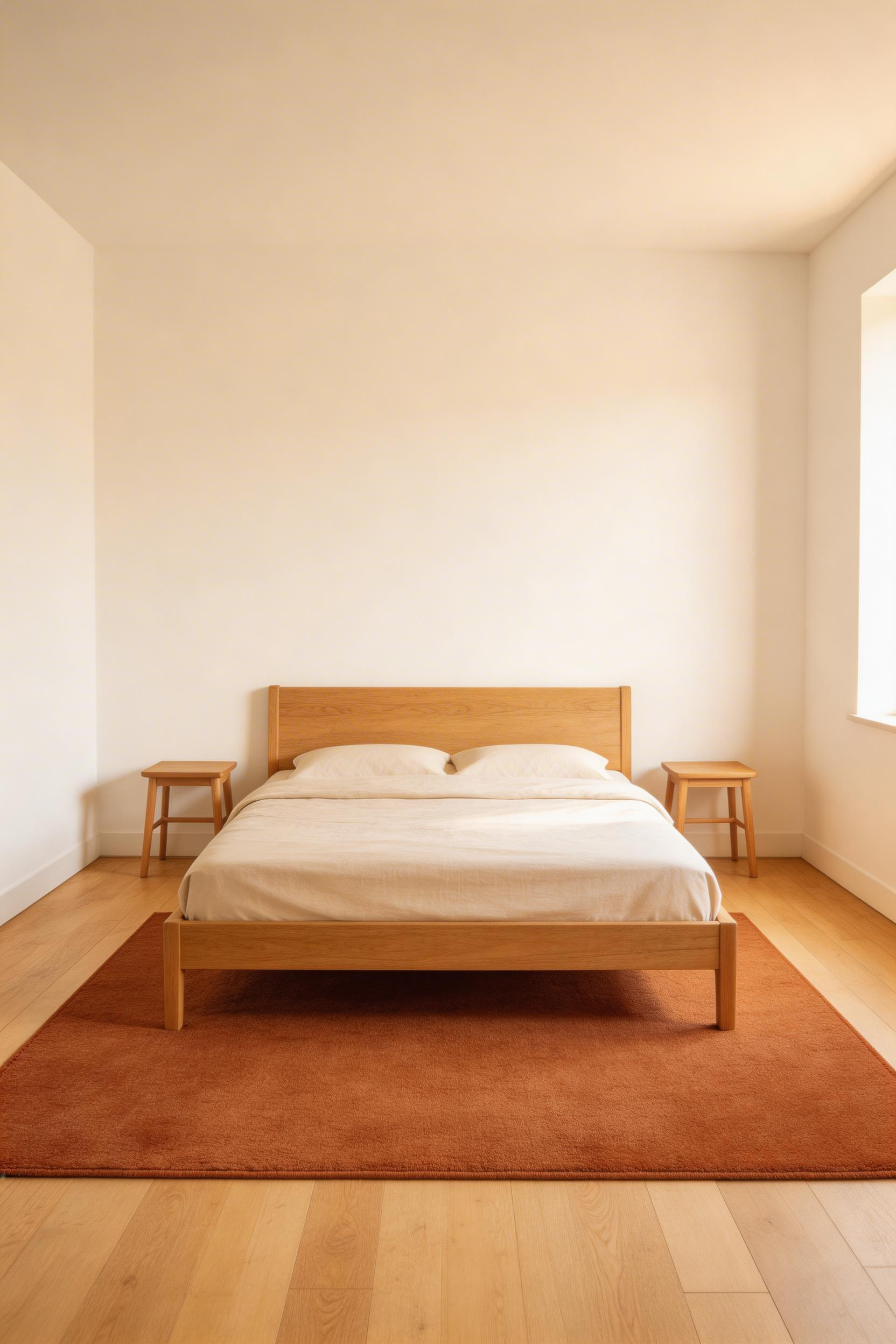 A correctly-sized rug under the bed anchors the sleeping zone of a small bedroom, making the room feel zoned without dividers and drawing attention away from the room's overall dimensions.