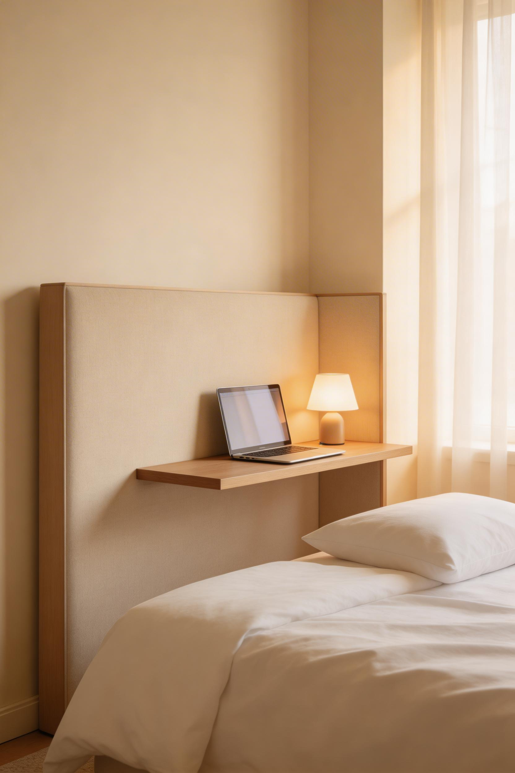 Positioning a narrow desk directly behind the headboard in a small bedroom creates a visual work barrier that keeps sleep and work zones psychologically distinct, even in a single room.