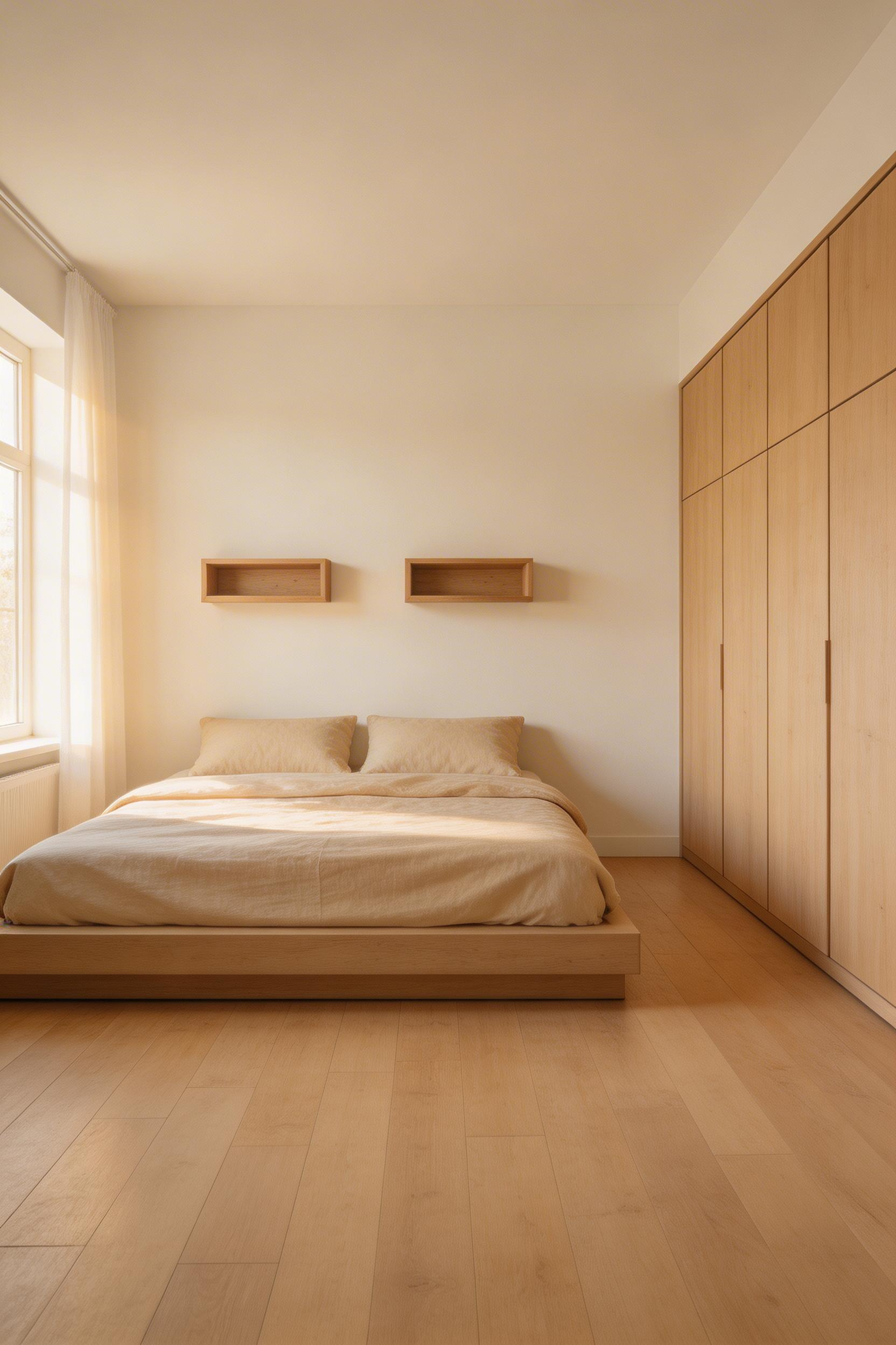 The minimalist two-piece small bedroom layout restricts the room to bed and one storage unit, reducing visual noise and — according to wellbeing research — improving sleep quality in the process.
