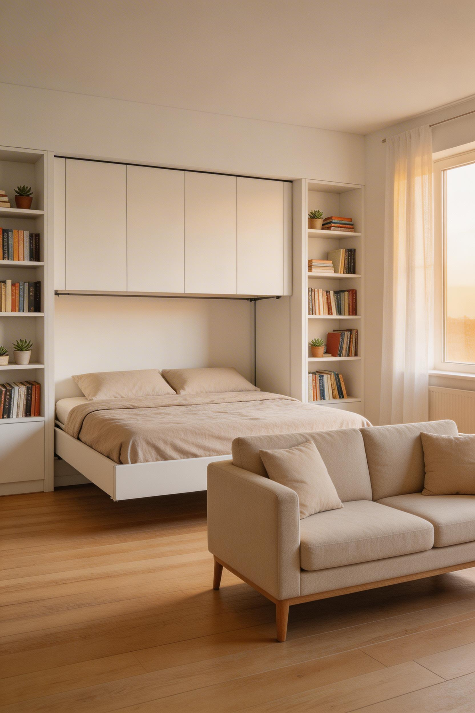 A Murphy bed and sofa hybrid converts a small bedroom into a daytime living space, with the sofa remaining in place as the wall bed folds down — no rearranging required.