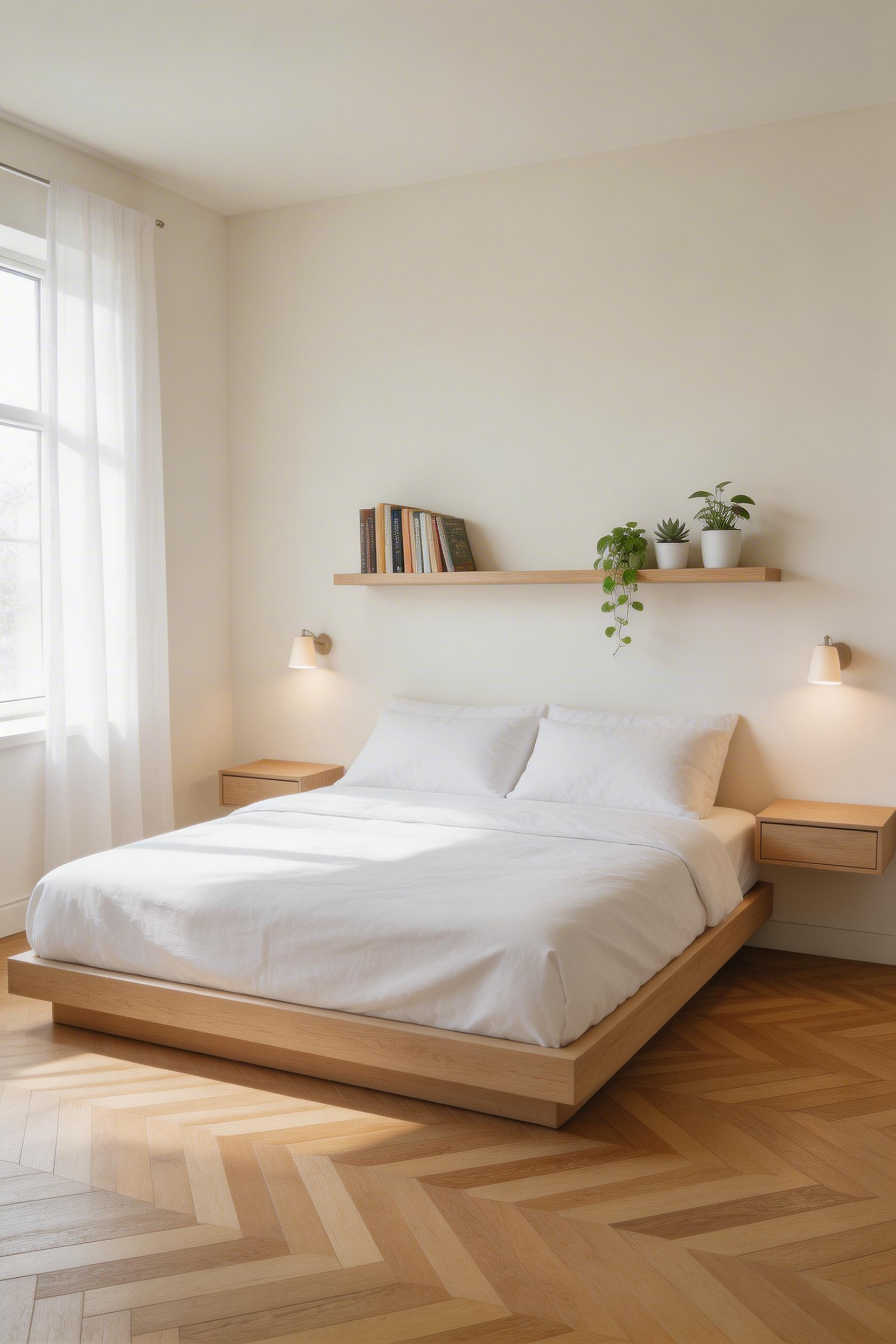 A floating furniture layout removes all floor-standing storage from a small bedroom, leaving the floor visibly open and making the room feel substantially larger than the square footage alone would suggest.