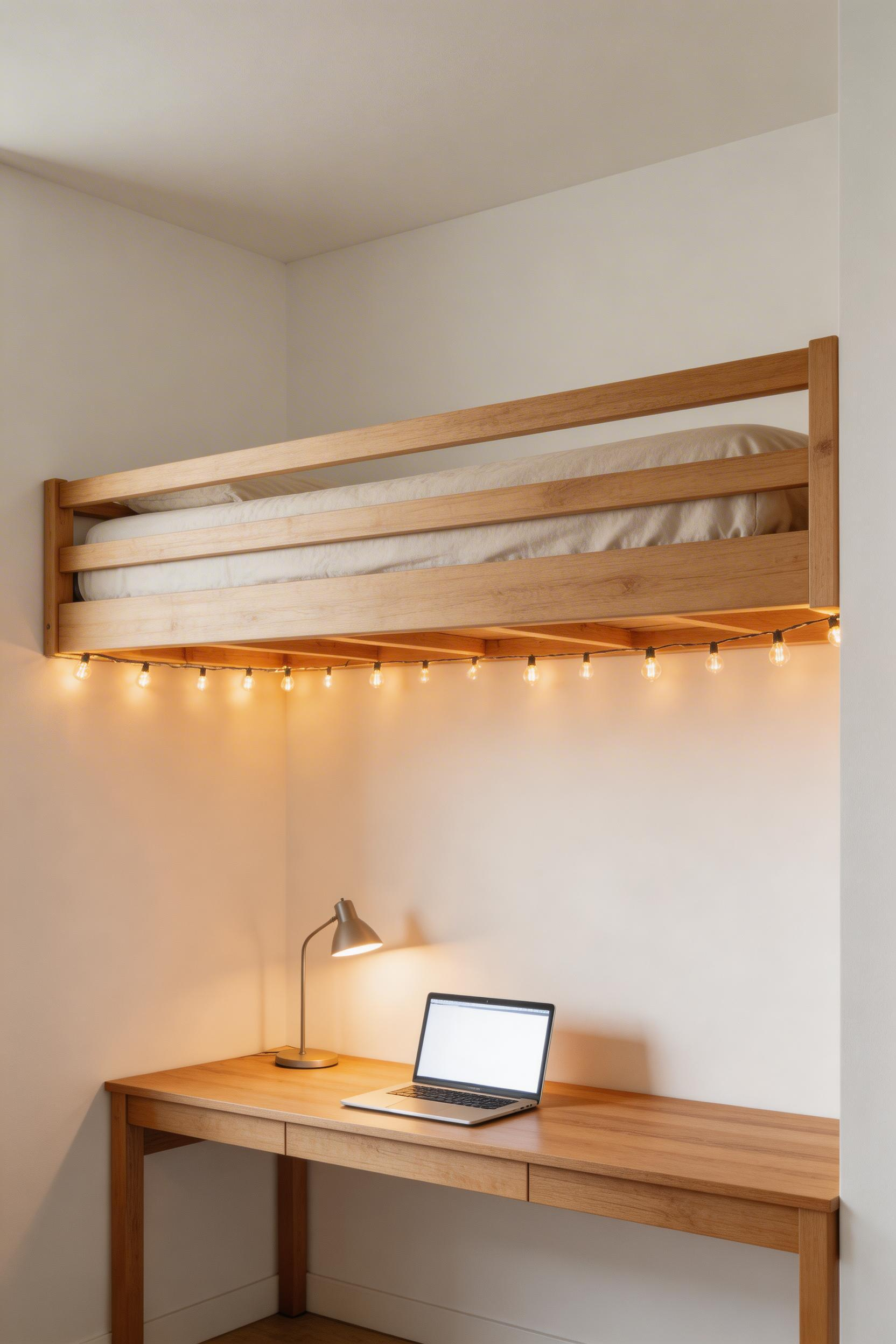An adult loft bed layout in a small bedroom reclaims the floor entirely, creating a functional work or wardrobe zone beneath while keeping the sleeping area quiet and separate above.