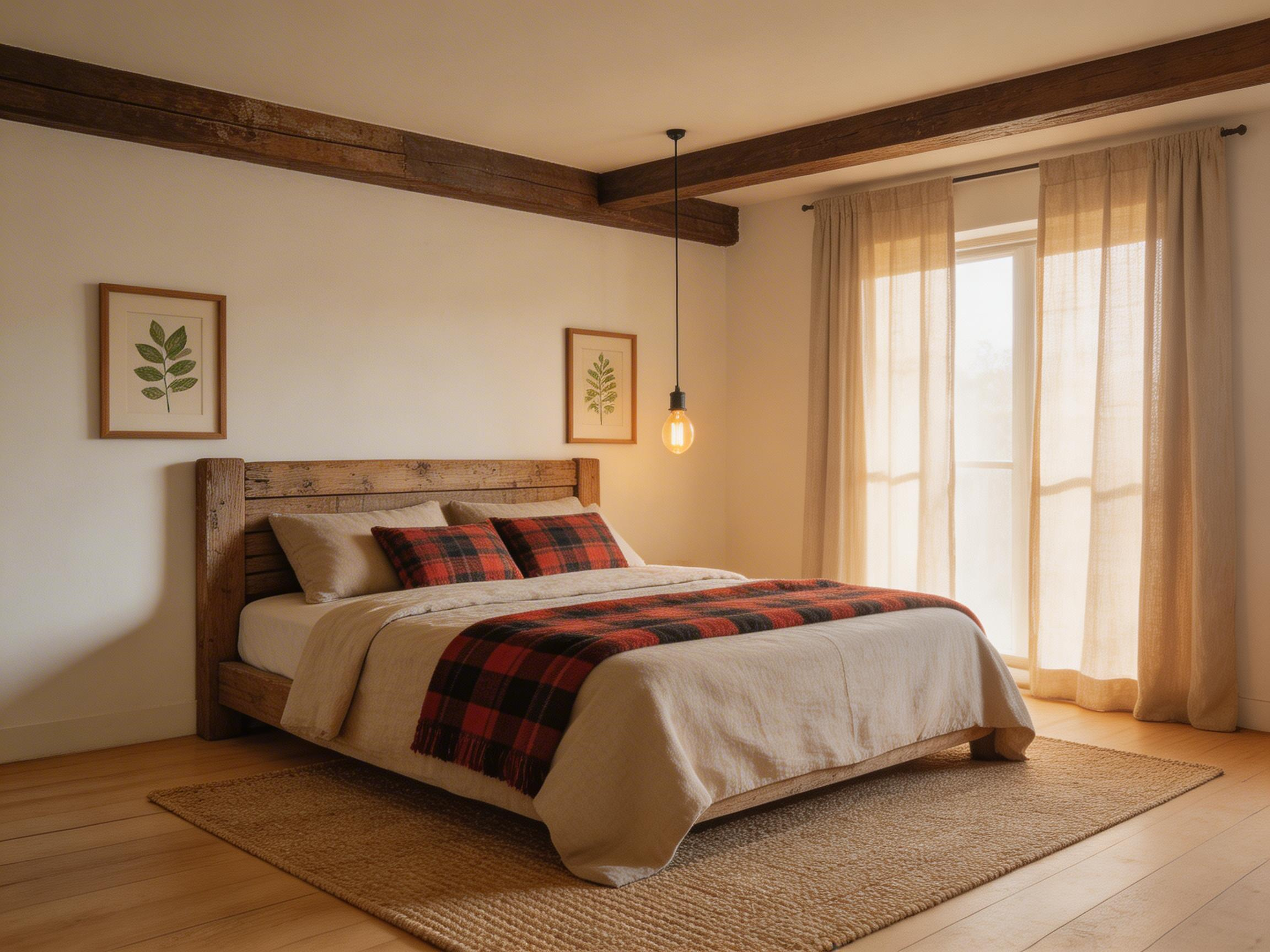 A fully composed rustic bedroom with reclaimed materials, layered textiles, and warm amber lighting demonstrates the material-first approach to rustic bedroom decor that makes spaces feel genuinely lived-in.