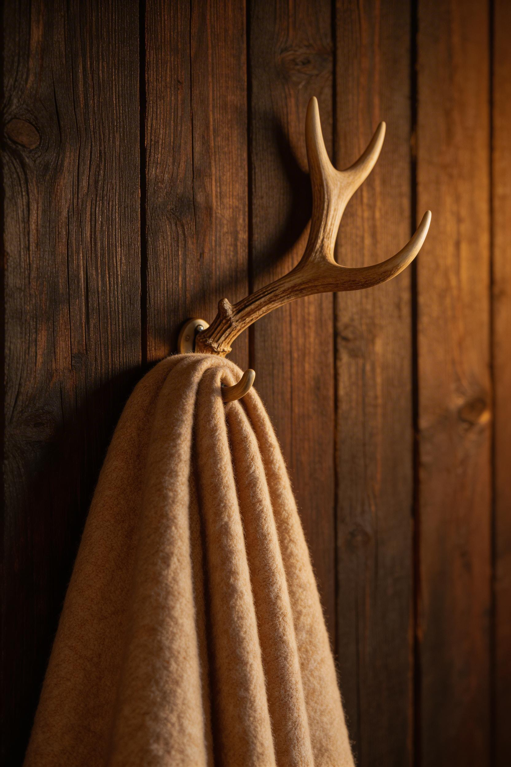 A single well-placed antler or branch hook adds natural texture to rustic bedroom decor without overdoing the lodge aesthetic — restraint is the mark here.