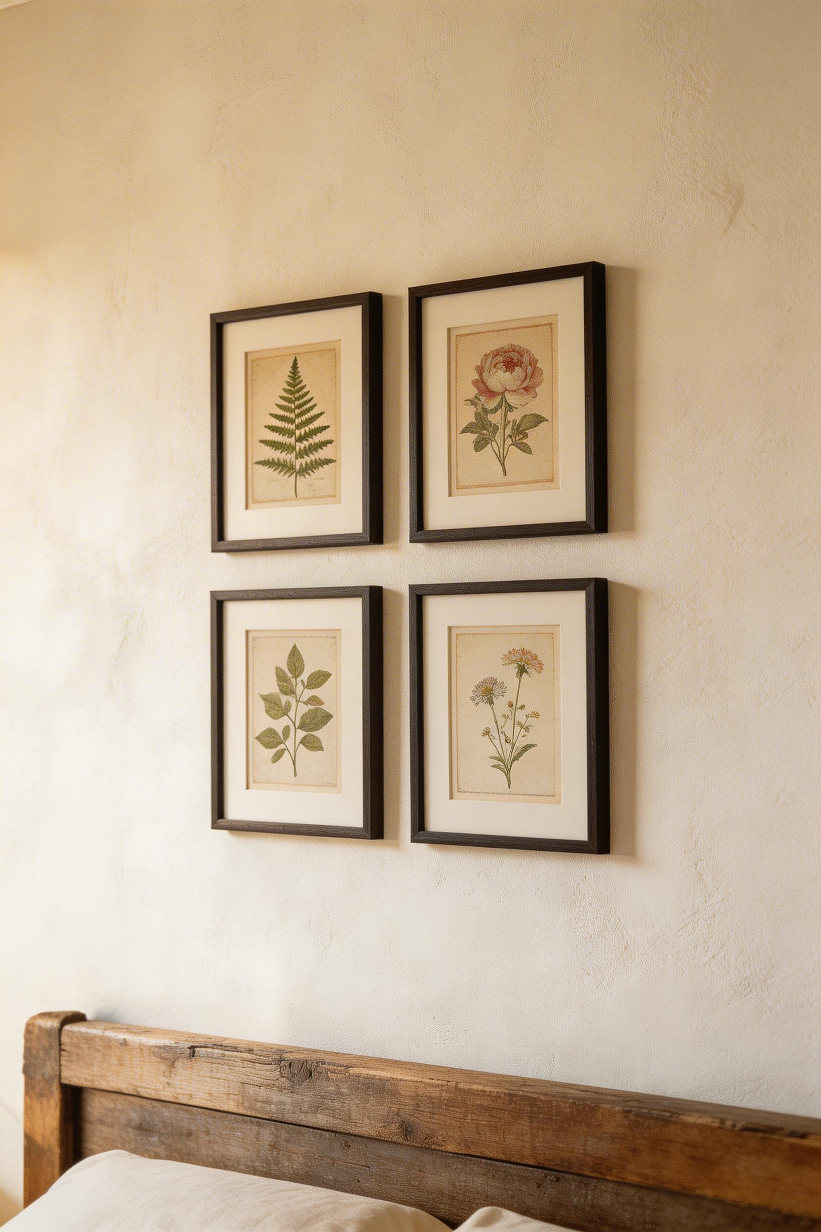 Antique botanical prints and nature-themed art bring a foraged, collected quality to rustic bedroom decor that feels personal rather than retail-sourced.