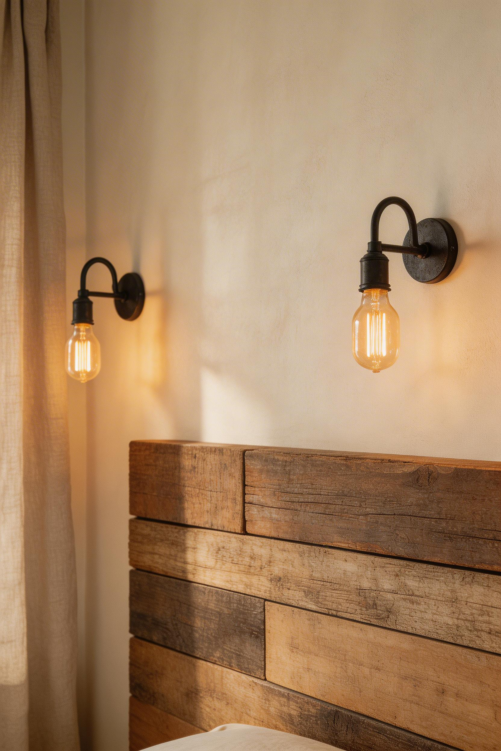 Blackened steel sconces with warm Edison bulbs bring the kind of layered, atmospheric light that defines genuinely good rustic bedroom decor.