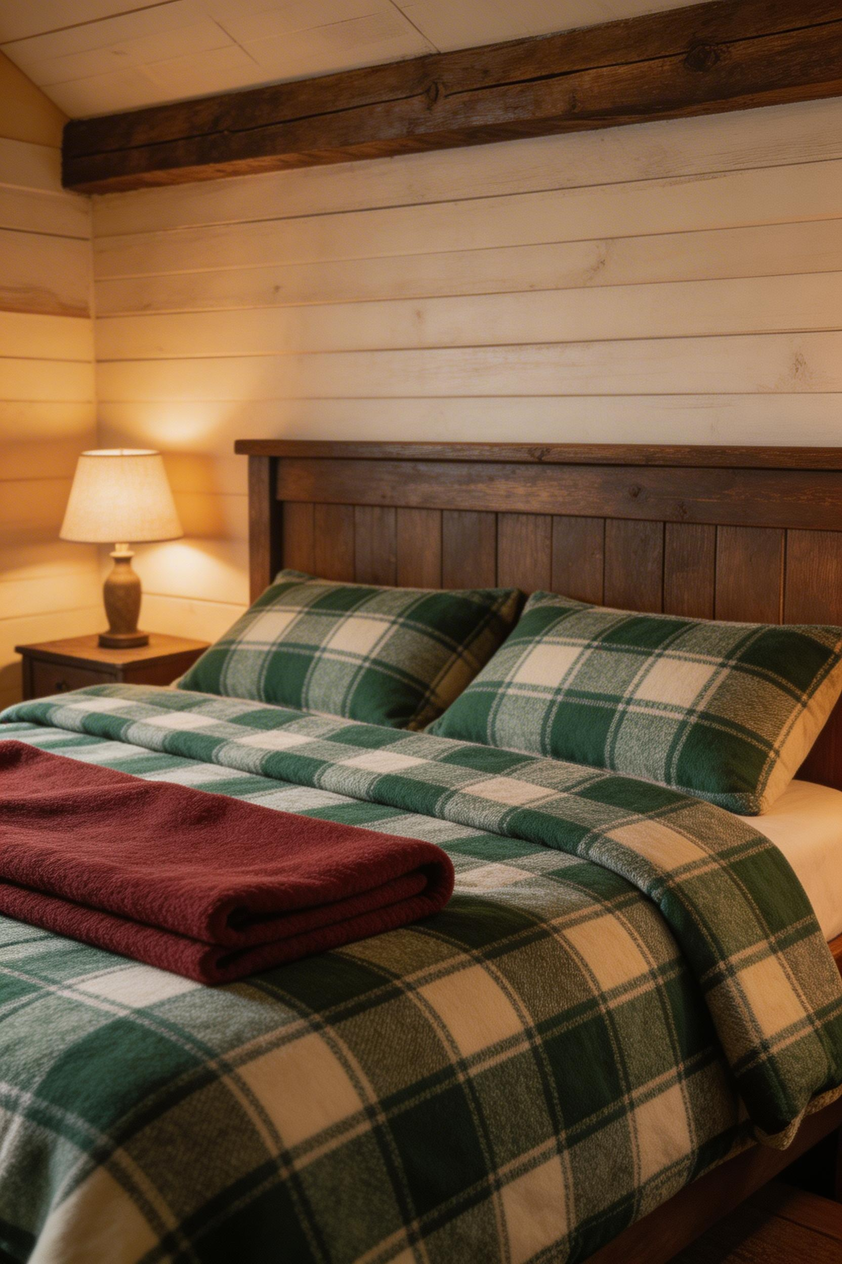Heritage-colorway plaid bedding is a defining element of rustic bedroom decor when chosen in classic tones and wool or quality flannel rather than bright synthetic check.