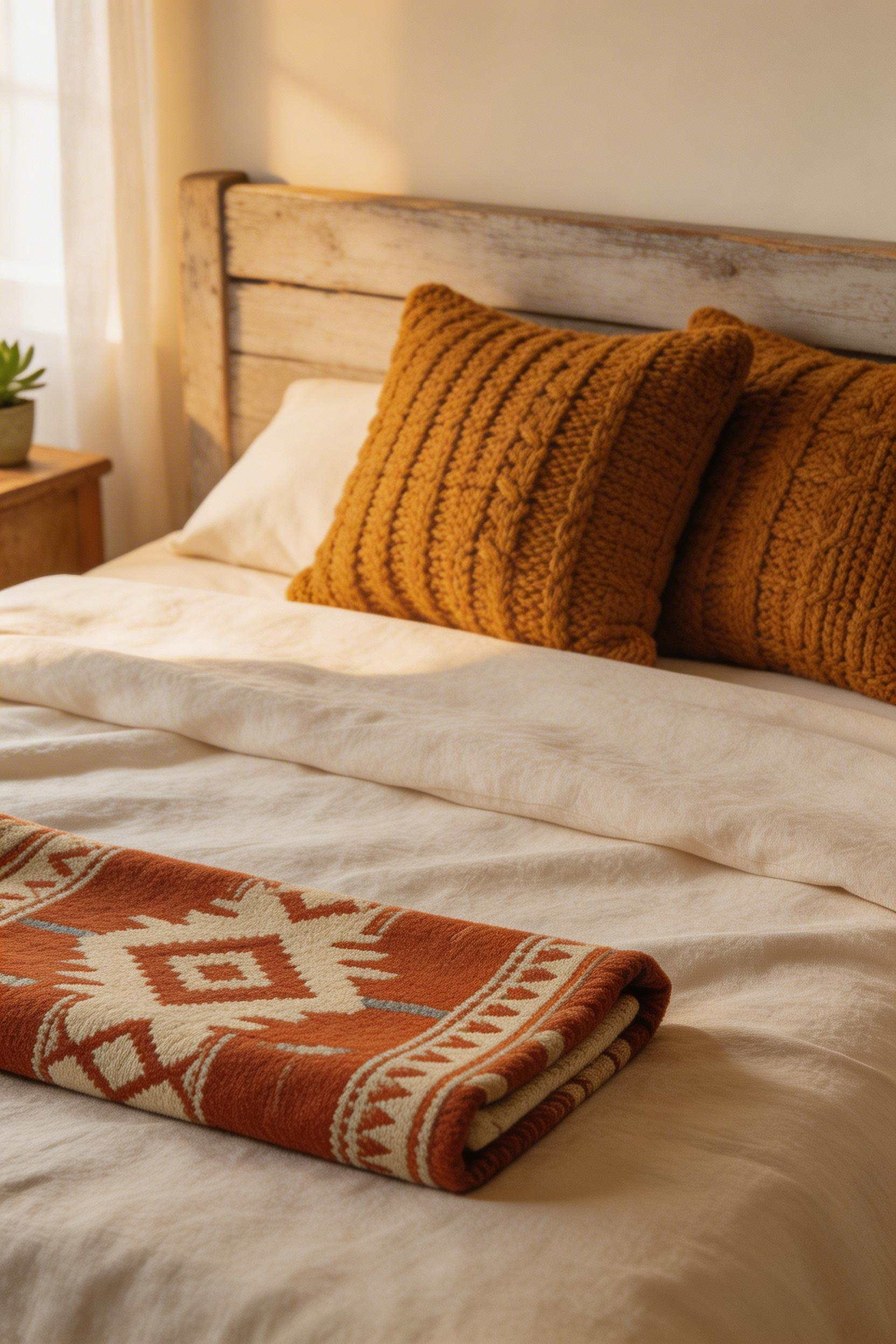 Layered wool and linen textiles on the bed are the quickest single upgrade for rustic bedroom decor, creating tactile warmth no painted wall can match.