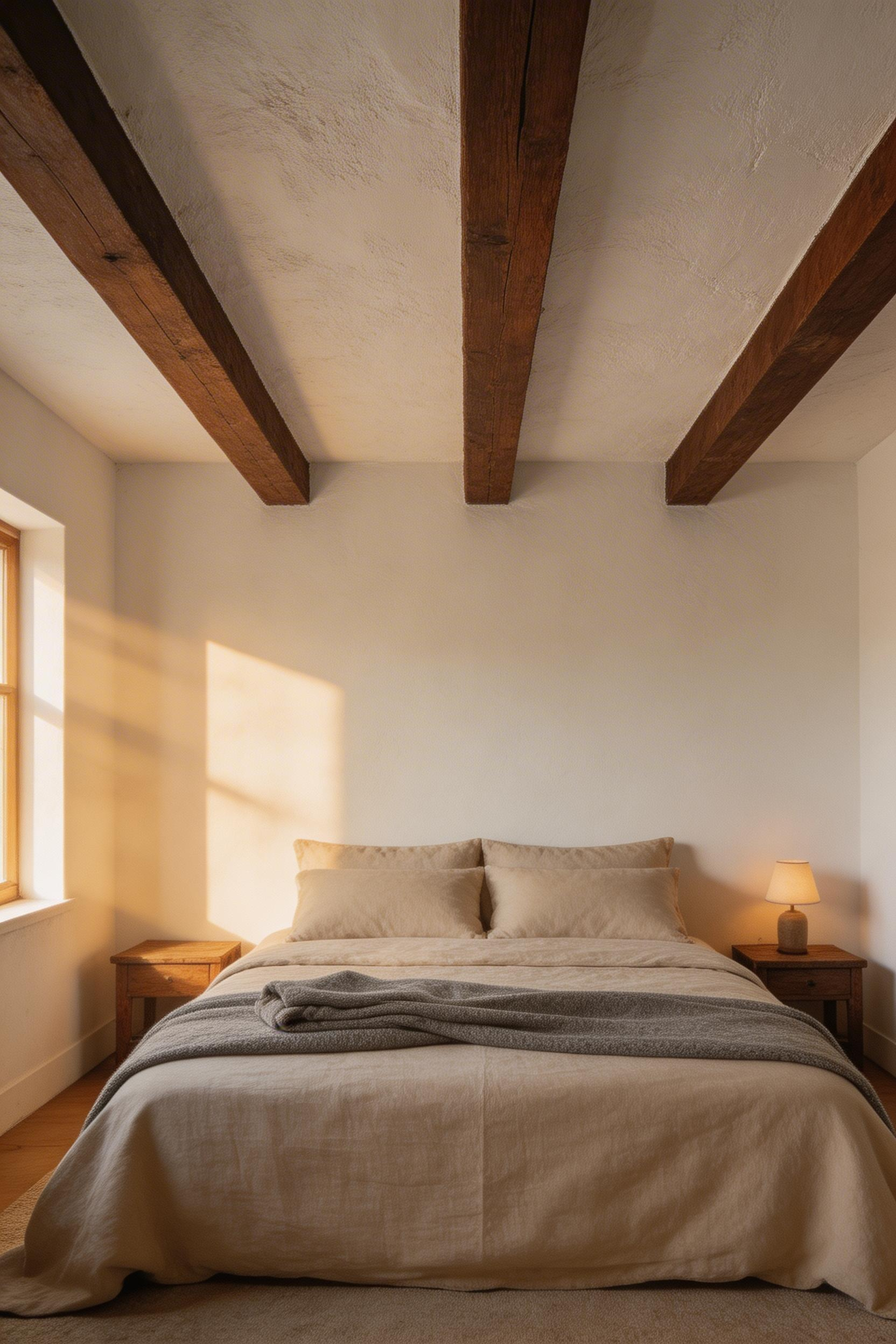 Exposed wooden ceiling beams are one of the most impactful moves in rustic bedroom decor, adding architectural weight that flat ceilings simply cannot provide.