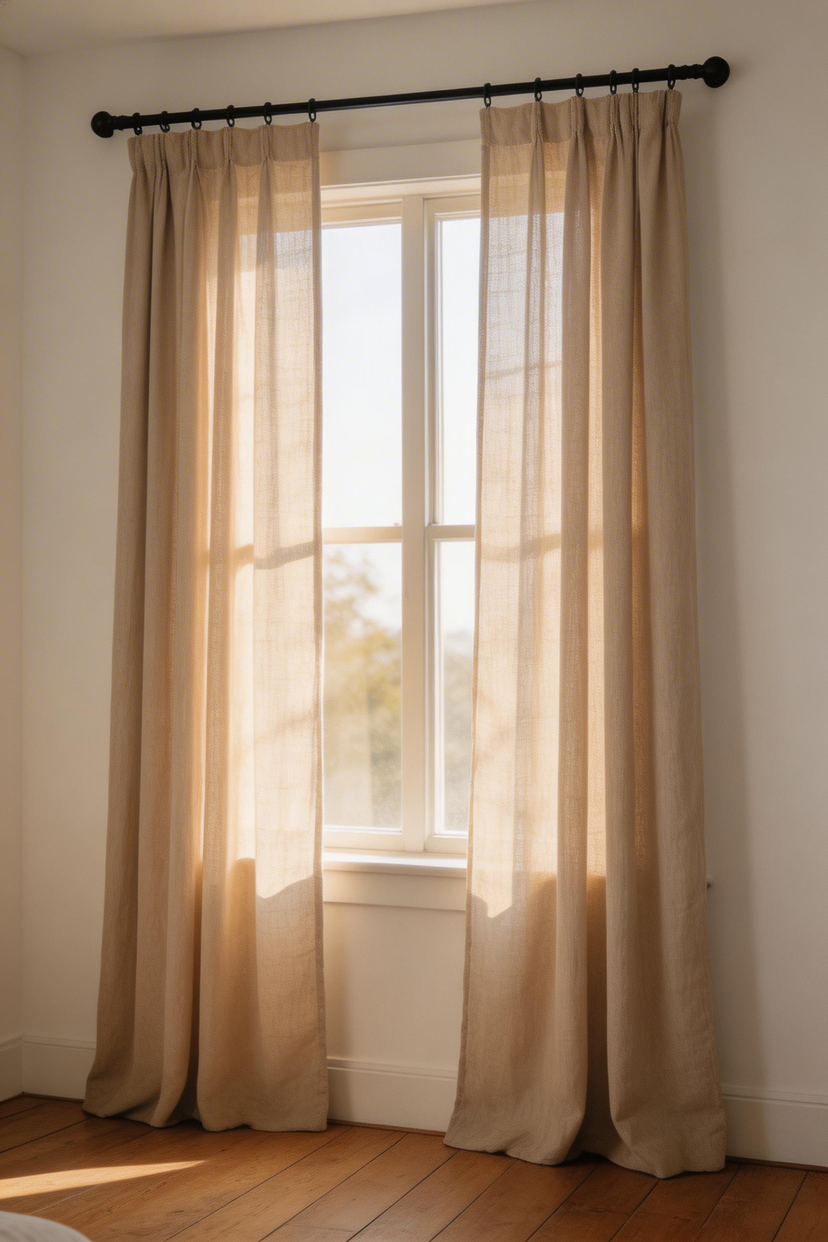 Heavyweight linen curtains in oatmeal or flax bring the warmth, texture, and natural drape that make them the ideal window treatment for rustic bedroom decor.