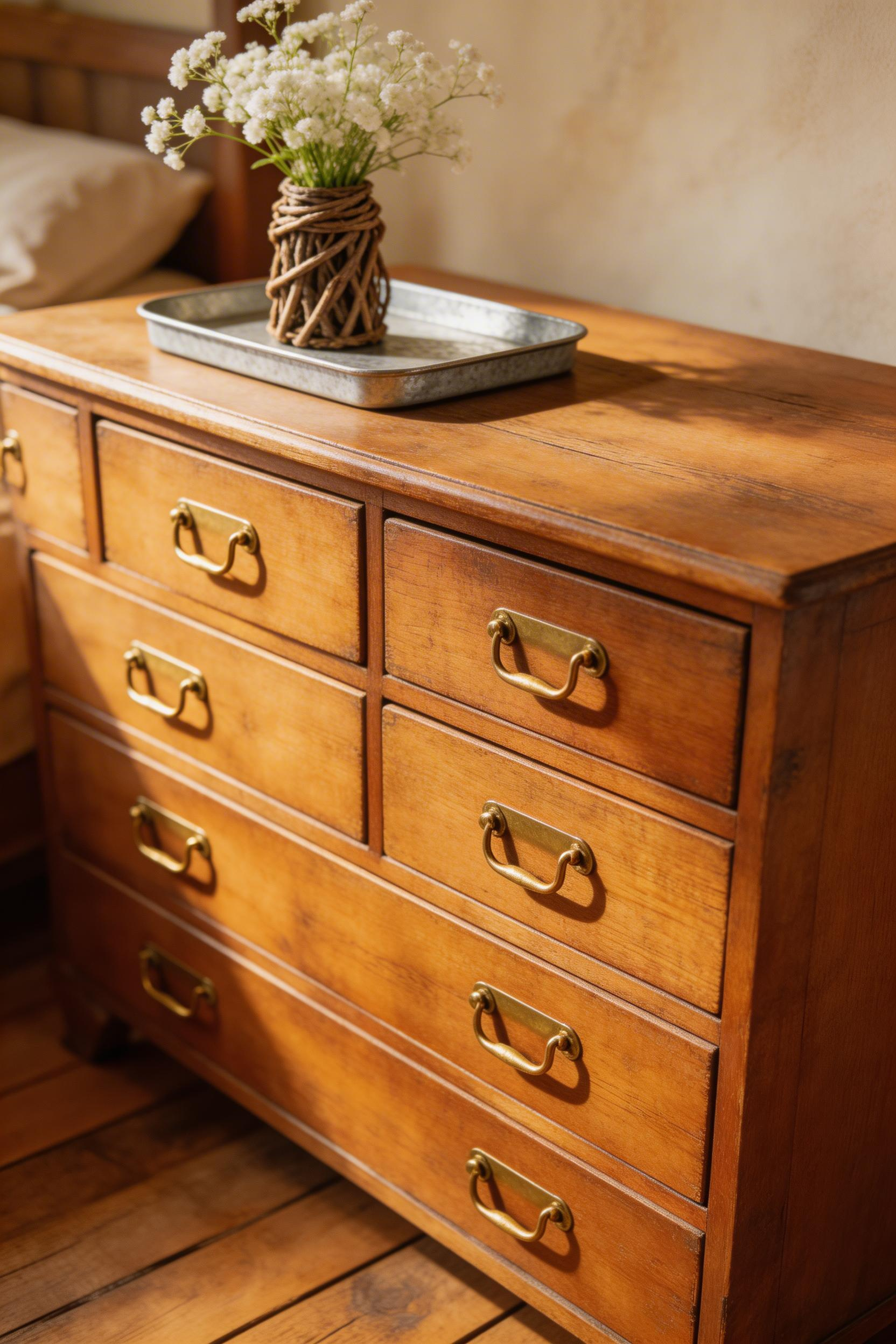 A vintage dresser with original hardware brings the kind of irreplaceable character that makes rustic bedroom decor feel genuinely earned rather than assembled from a catalogue.