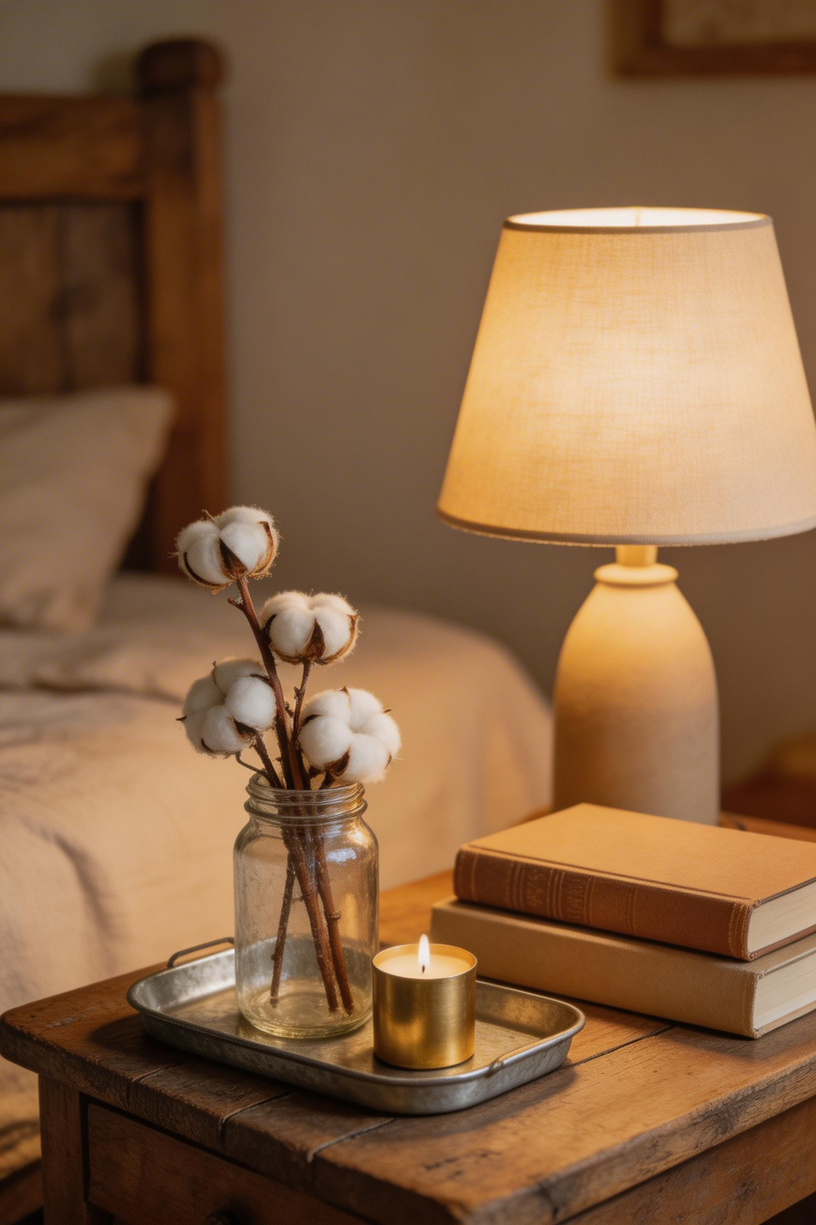 Galvanized metal trays and mason jar vases on the bedside table connect rustic bedroom decor to its farmhouse roots without requiring themed decoration.