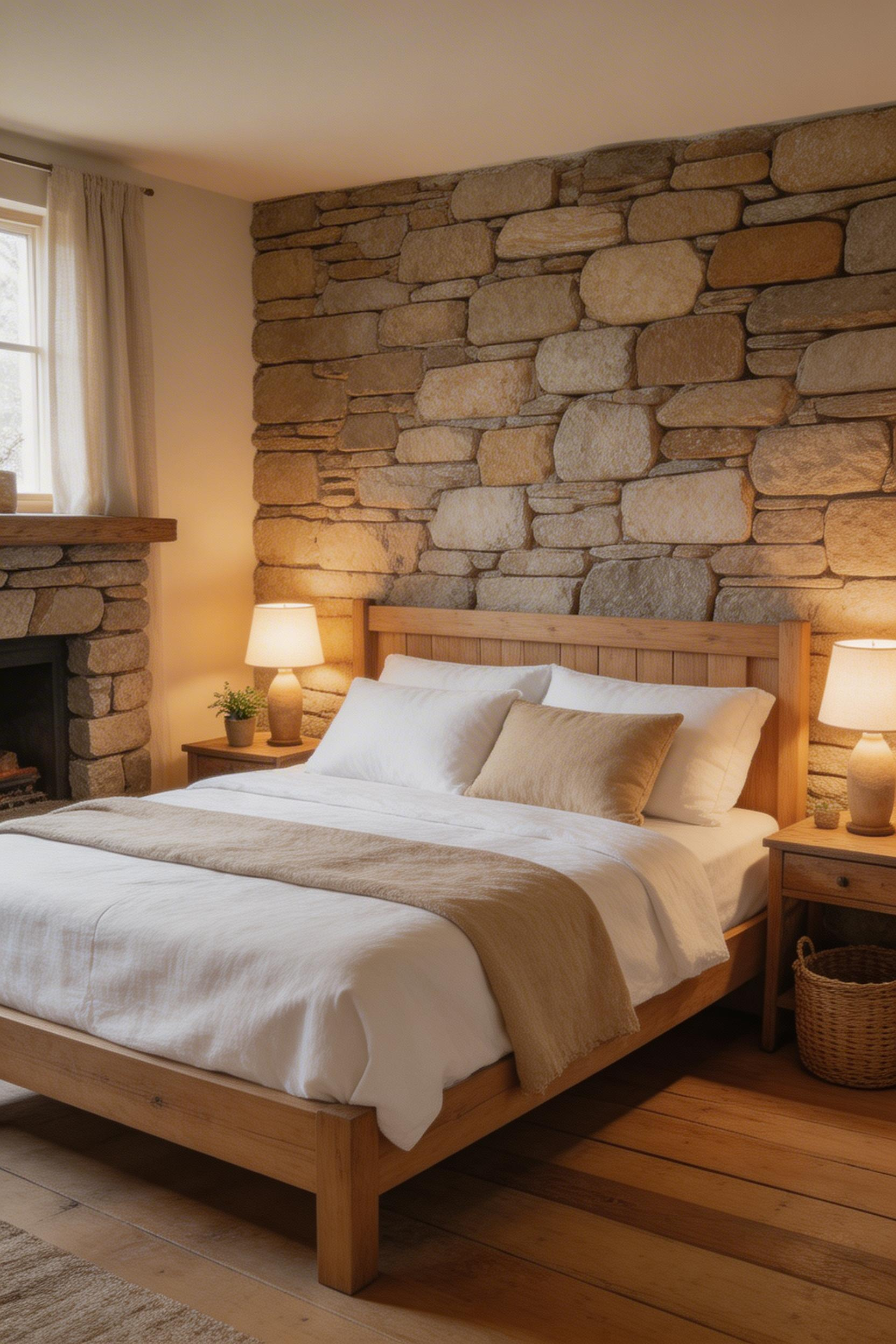 A stone or brick accent wall transforms rustic bedroom decor from stylistic gesture into architectural statement, adding visual weight and mineral texture that anchors the space.