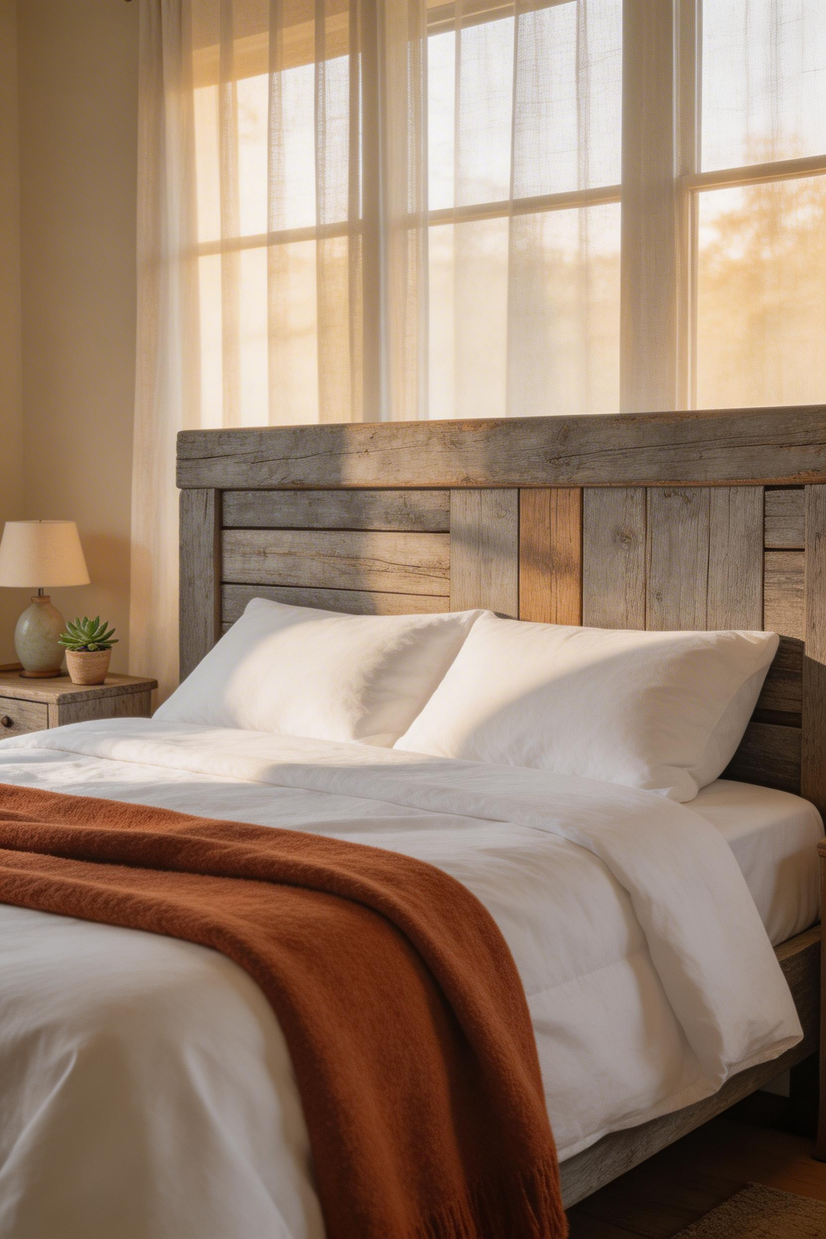 A reclaimed wood headboard in aged oak makes a strong anchor for rustic bedroom decor, bringing grain and patina that no manufactured piece can replicate.