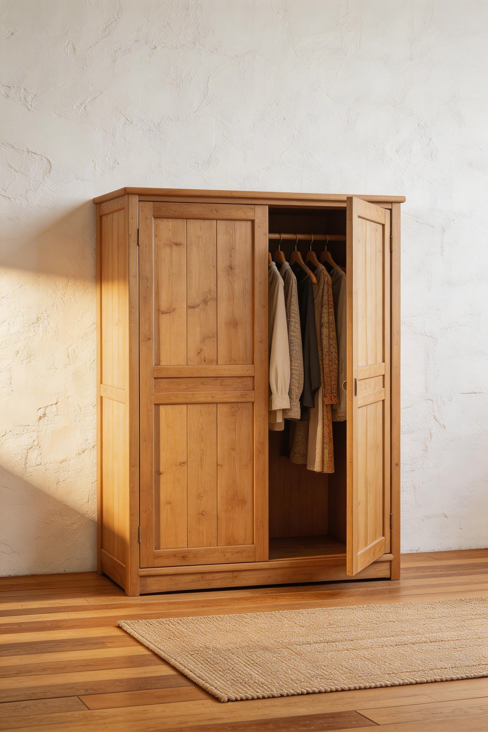 A solid-wood freestanding wardrobe restores the structural character that built-in closets take away from rustic bedroom decor, adding presence and authentic material quality.
