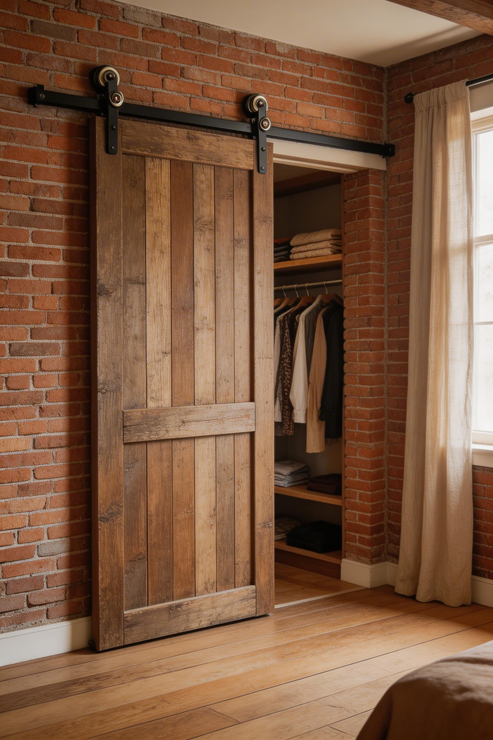 A barn door on quality hardware earns its place in rustic bedroom decor when it solves a genuine space problem and is built from honest materials.