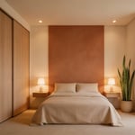 A fully composed small bedroom design showing how intentional choices — built-in storage, vertical shelving, layered light, and biophilic accents — transform a compact room into a calm and highly functional space.