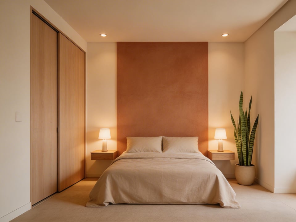 A fully composed small bedroom design showing how intentional choices — built-in storage, vertical shelving, layered light, and biophilic accents — transform a compact room into a calm and highly functional space.