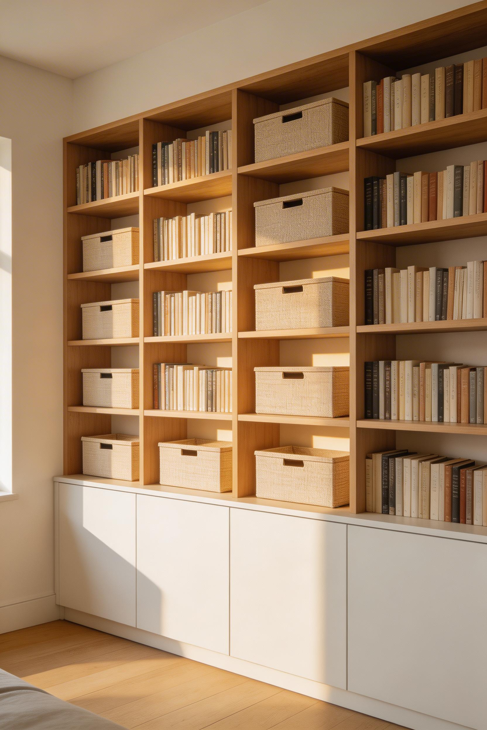 A floor-to-ceiling shelving system in a small bedroom design demonstrating how vertical space creates generous storage without reducing floor area.