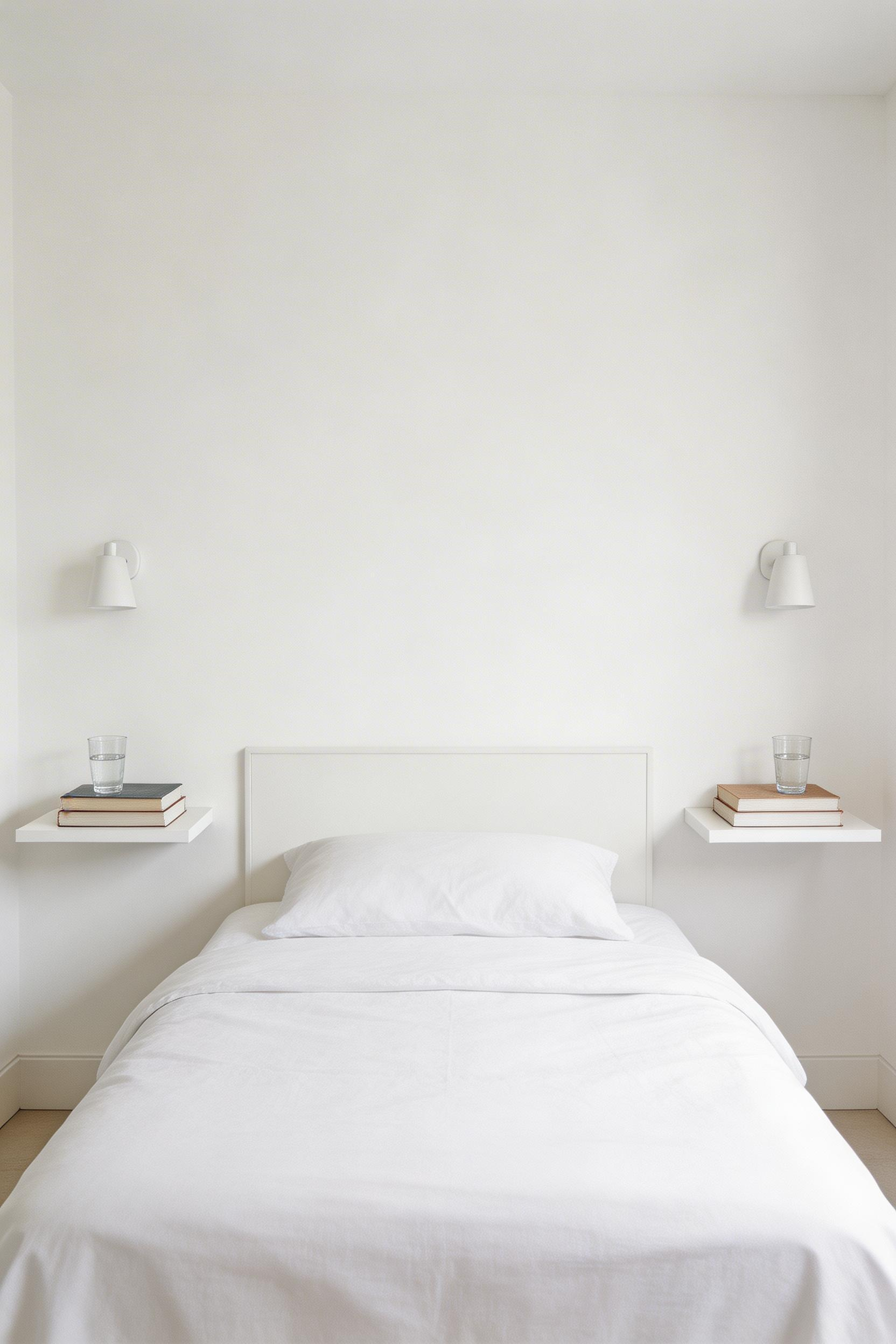 Wall-mounted nightstand solutions free floor space in small bedroom design while maintaining full bedside function — a straightforward change with visible spatial impact.