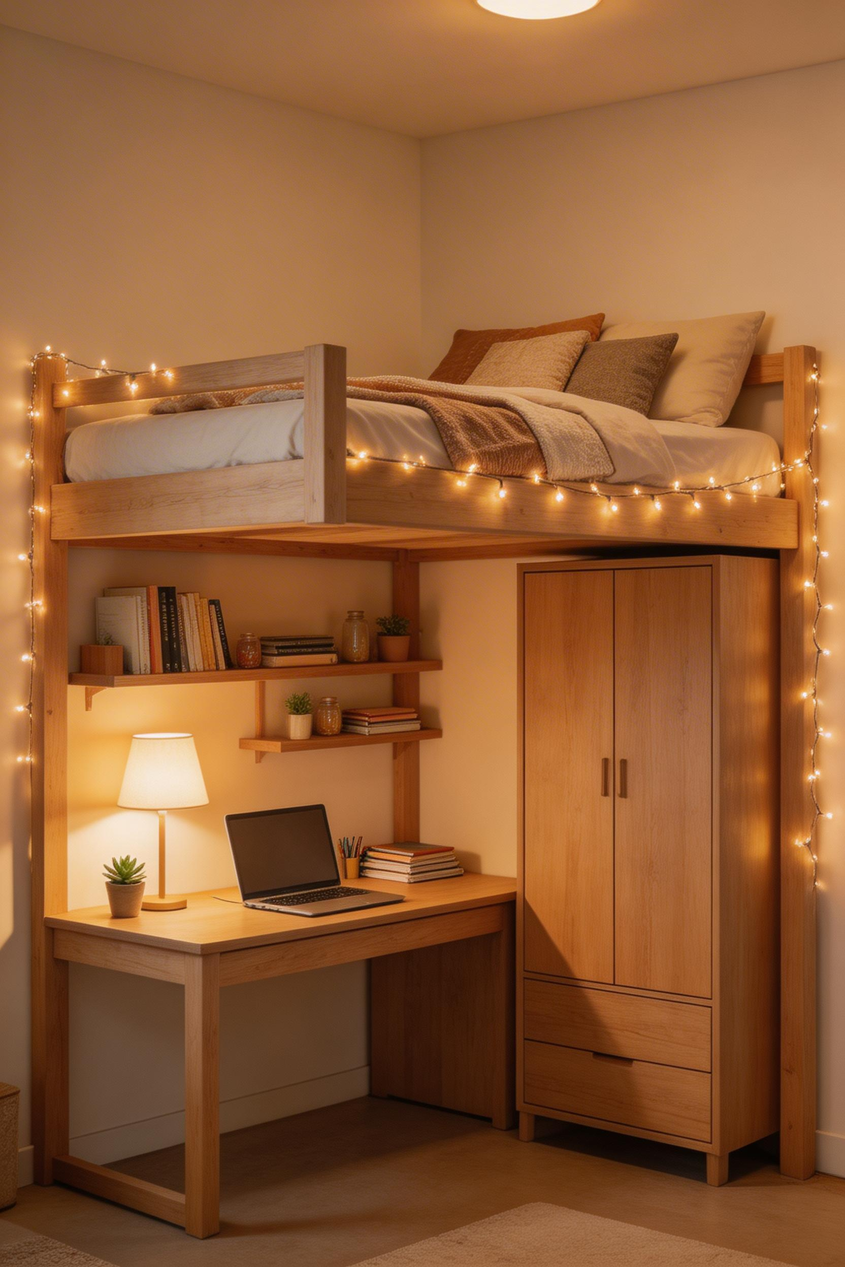 A loft bed configuration in a small bedroom design showing how raising the sleeping platform unlocks the full room footprint below for a functional workspace or living zone.