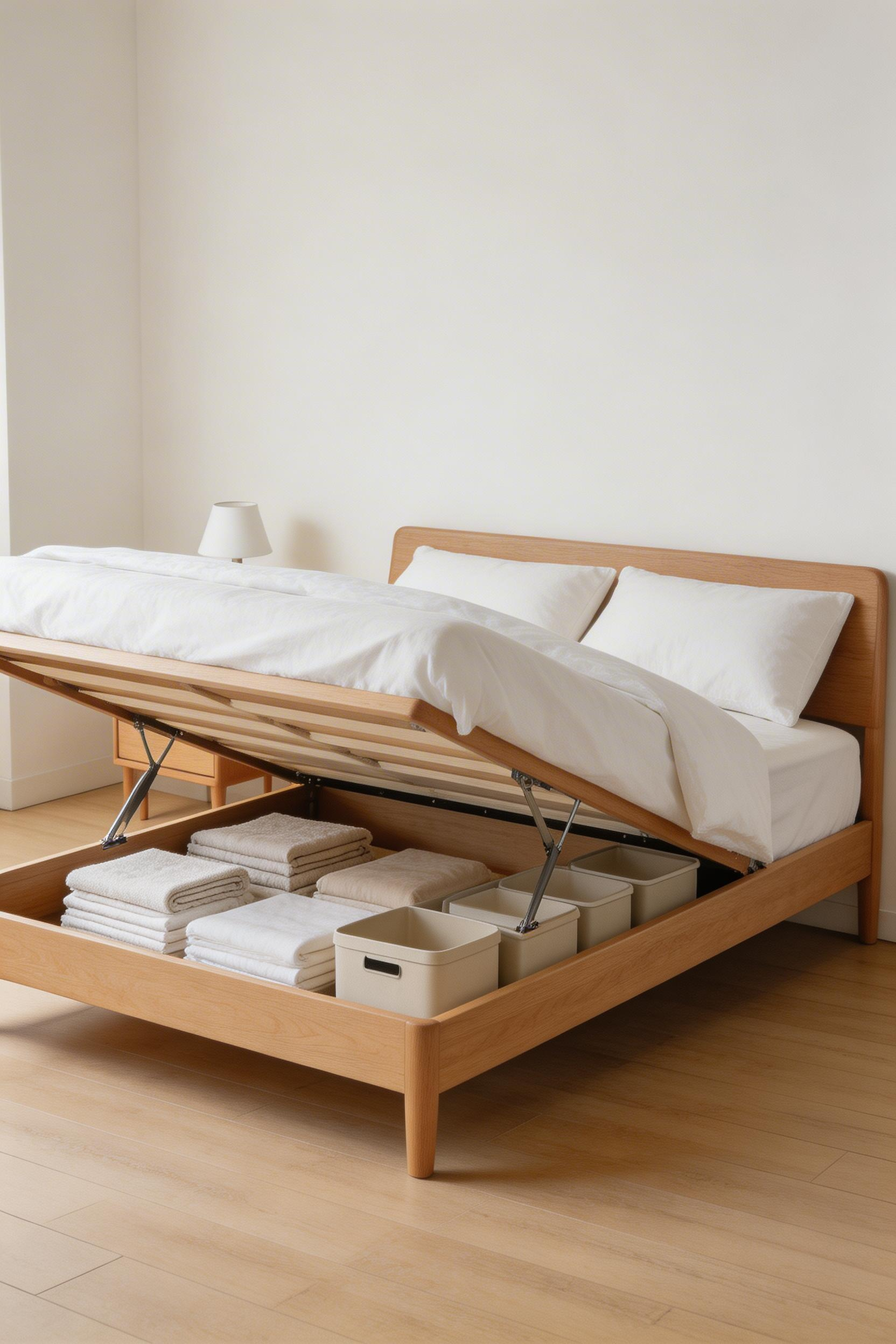 A storage bed showing the practical logic of small bedroom design — the platform lifts to reveal storage that replaces the need for a separate chest of drawers entirely.