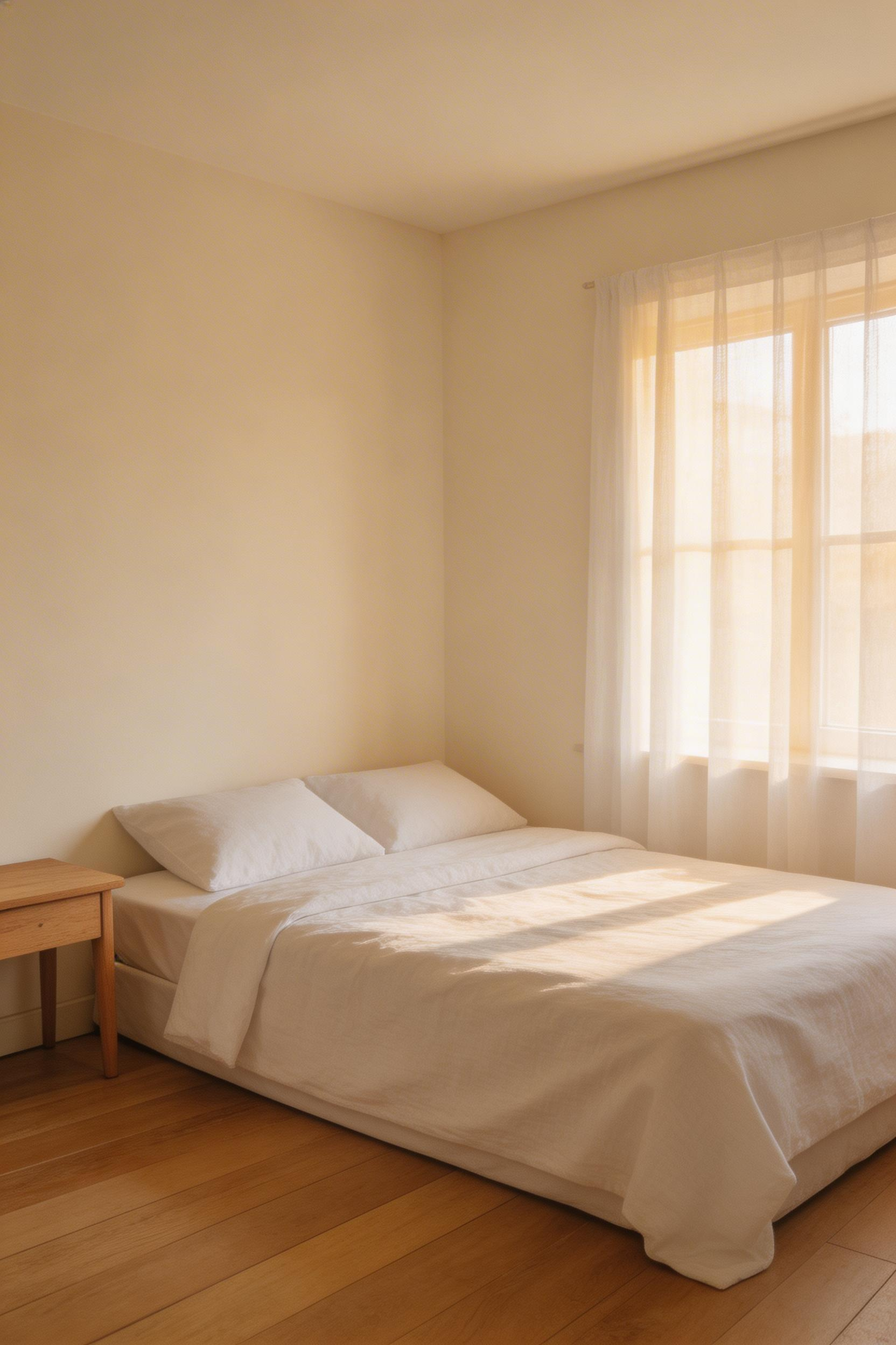 A unified warm-white palette across walls and ceiling — a cornerstone of effective small bedroom design that maximises light reflection and perceived space.