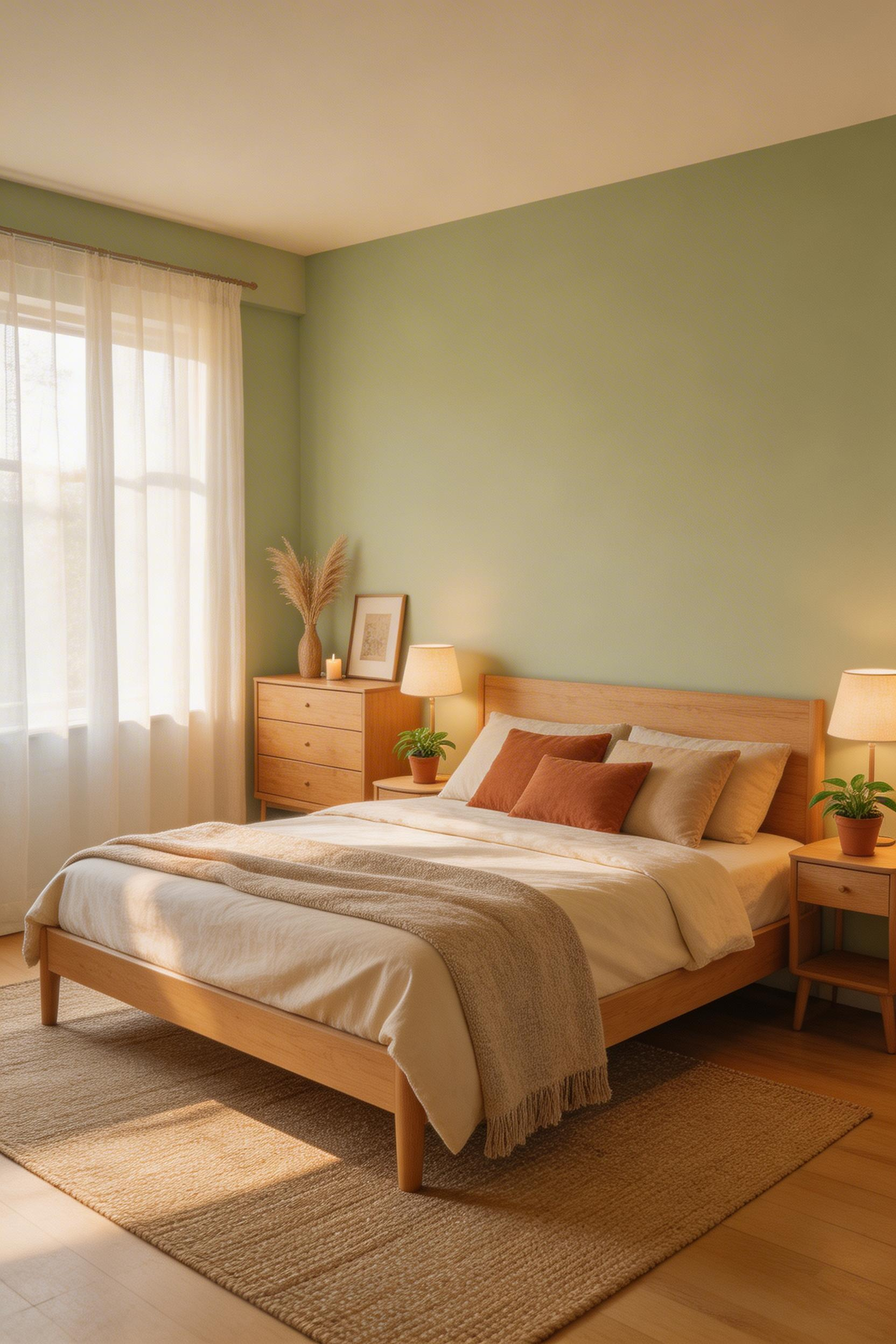 Muted earth-tone walls in sage or clay reduce cortisol and signal safety to the nervous system, supporting deeper rest.