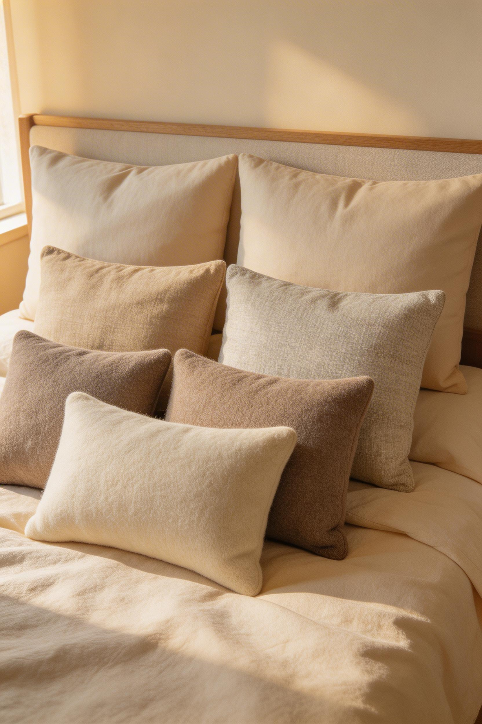 Layered throw pillows in natural fibers create tactile richness and nervous system engagement that supports relaxation and aesthetic appeal.