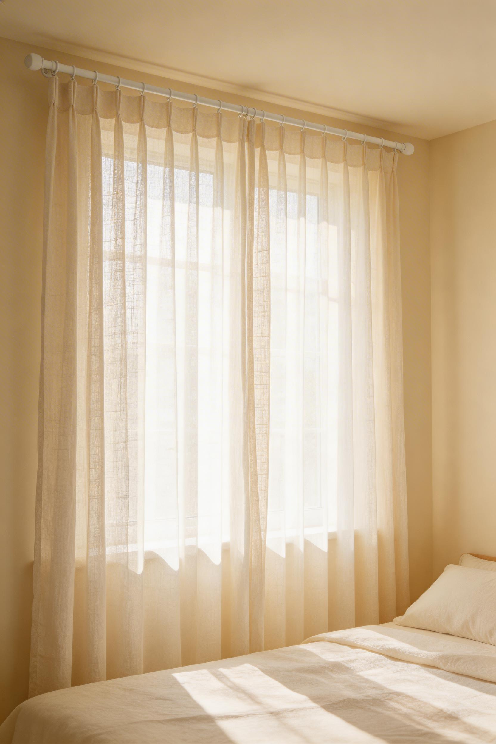 Natural linen curtains filter harsh light while preserving circadian rhythm connection during daytime hours.