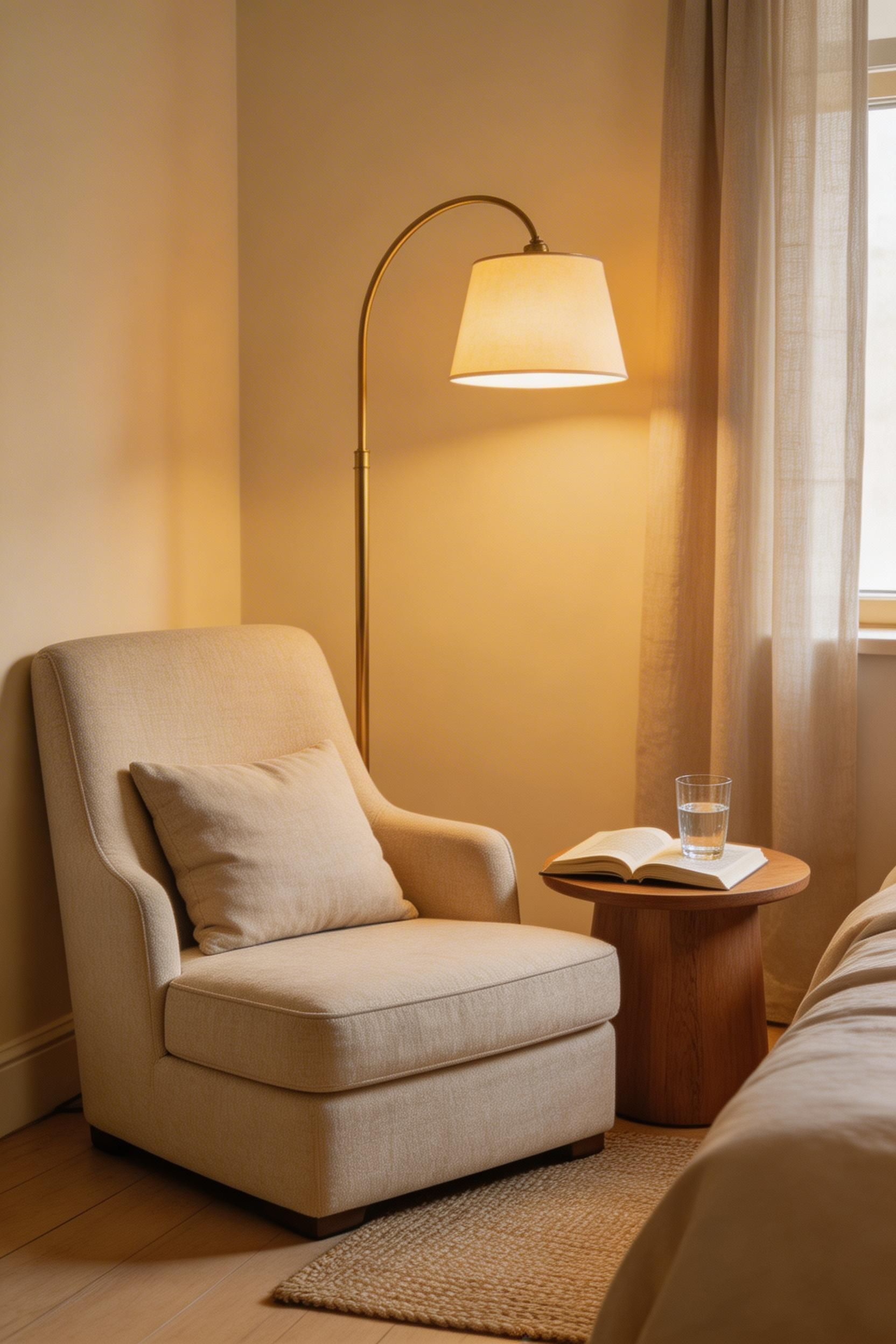 A reading nook with ergonomic seating and warm task lighting creates a sanctuary-within-sanctuary for evening wind-down rituals.