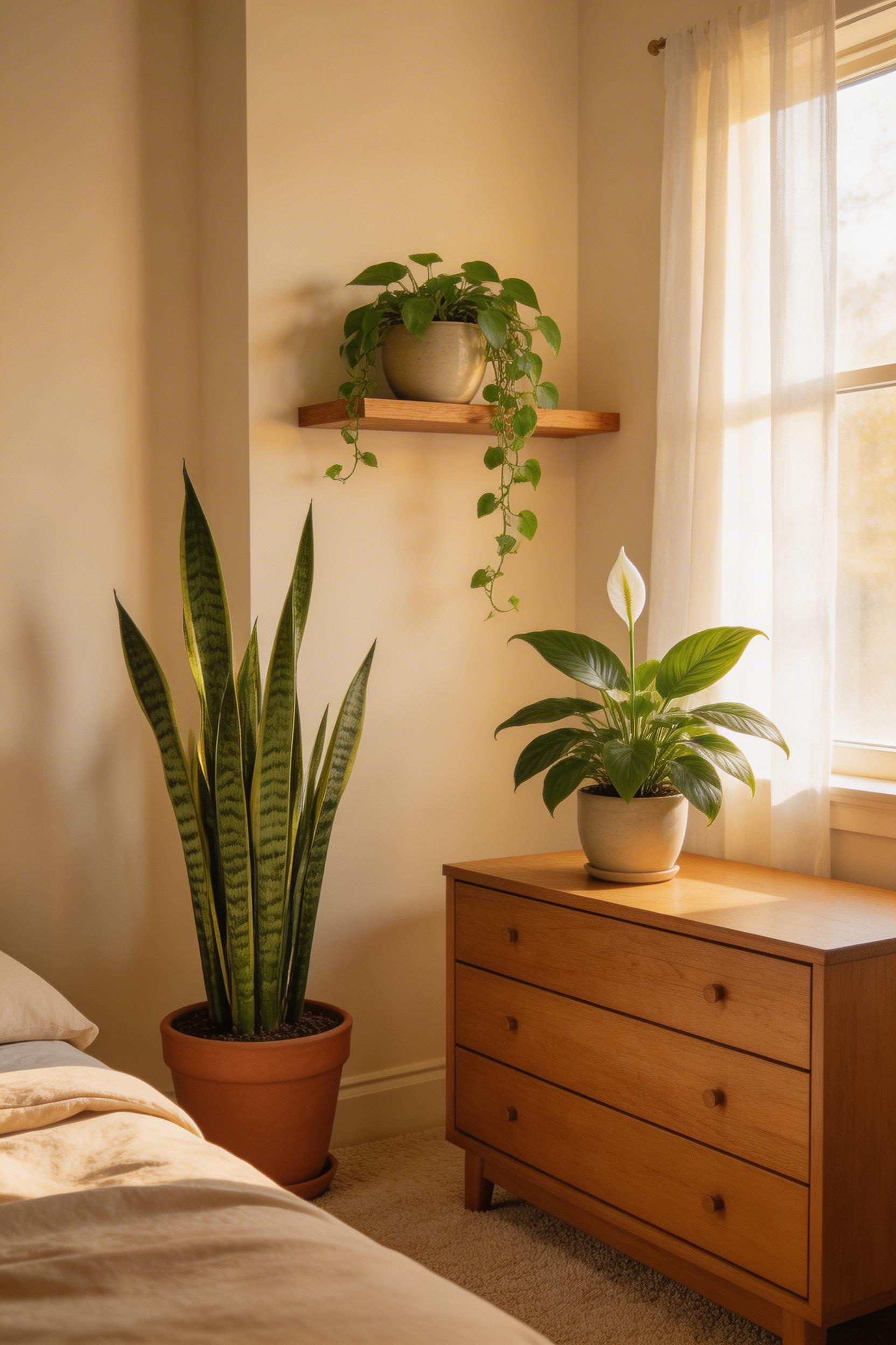 Low-maintenance bedroom plants like snake plant and pothos offer modest air quality improvement alongside biophilic grounding and visual calm.