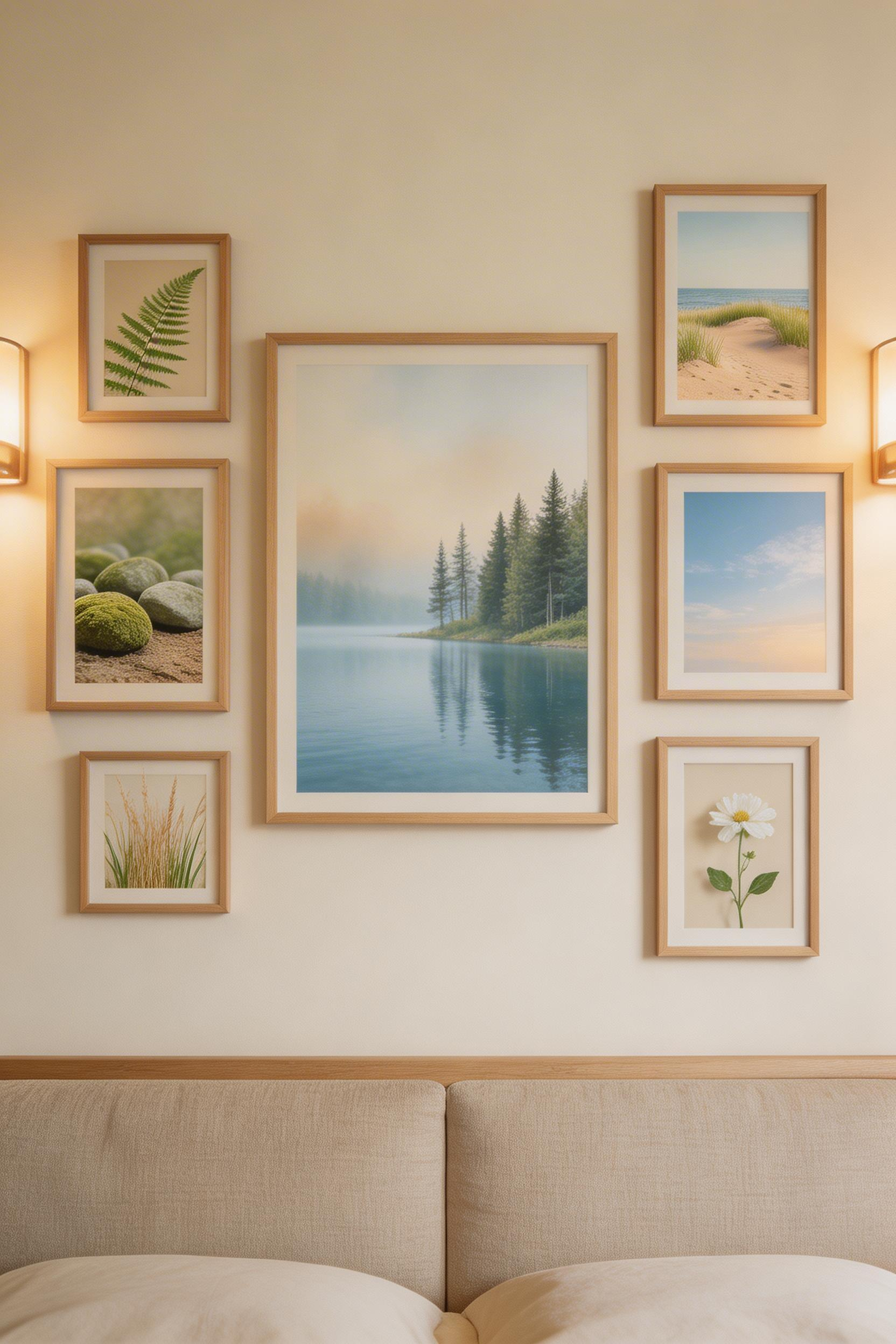 A carefully curated gallery wall with nature imagery and soft palettes activates parasympathetic response and supports the visual calm required for sleep.