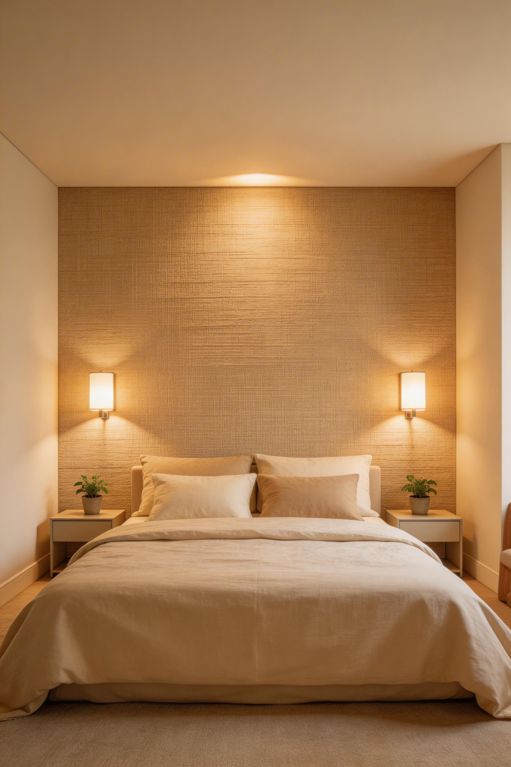 Textured wallpaper or limewash finishes add visual depth and sensory warmth while creating psychological enclosure through a focused accent wall.