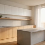 A complete minimalist kitchen combining handleless cabinetry, warm neutral tones, waterfall countertops, and integrated appliances—the essence of calm, functional home design.