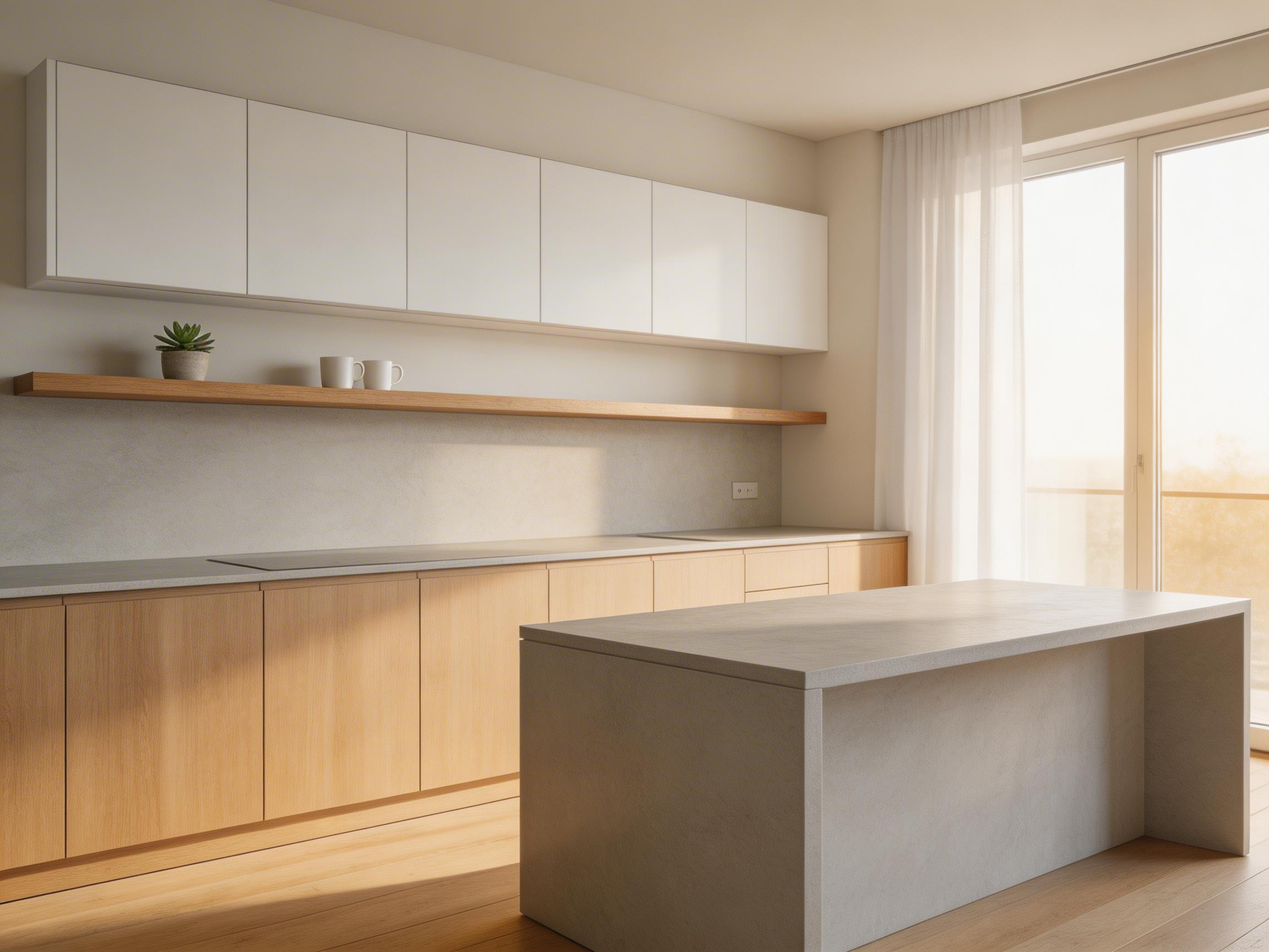 A complete minimalist kitchen combining handleless cabinetry, warm neutral tones, waterfall countertops, and integrated appliances—the essence of calm, functional home design.